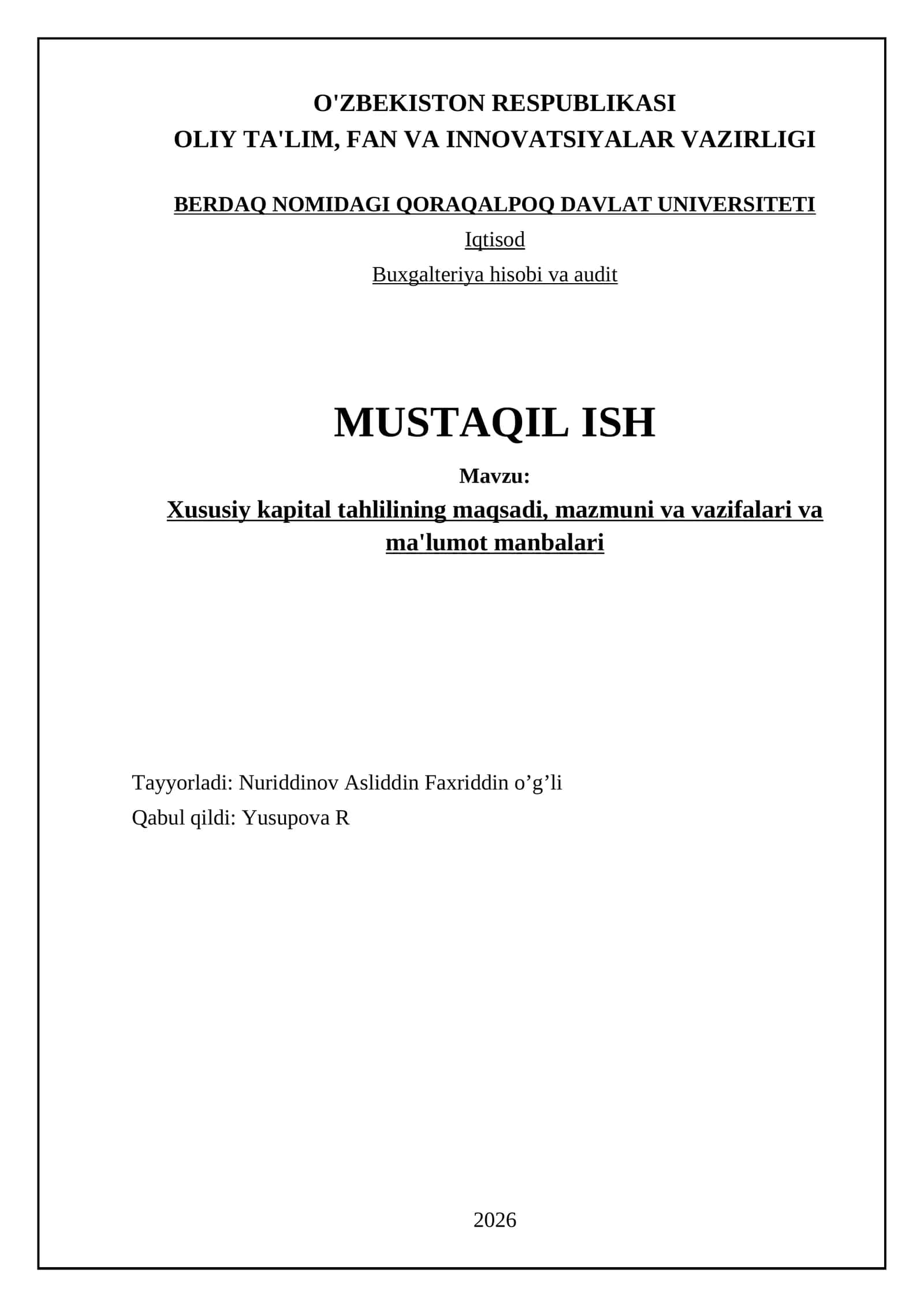 Xususiy kapital tahlilining maqsadi, mazmuni va vazifalari va ma'lumot manbalari