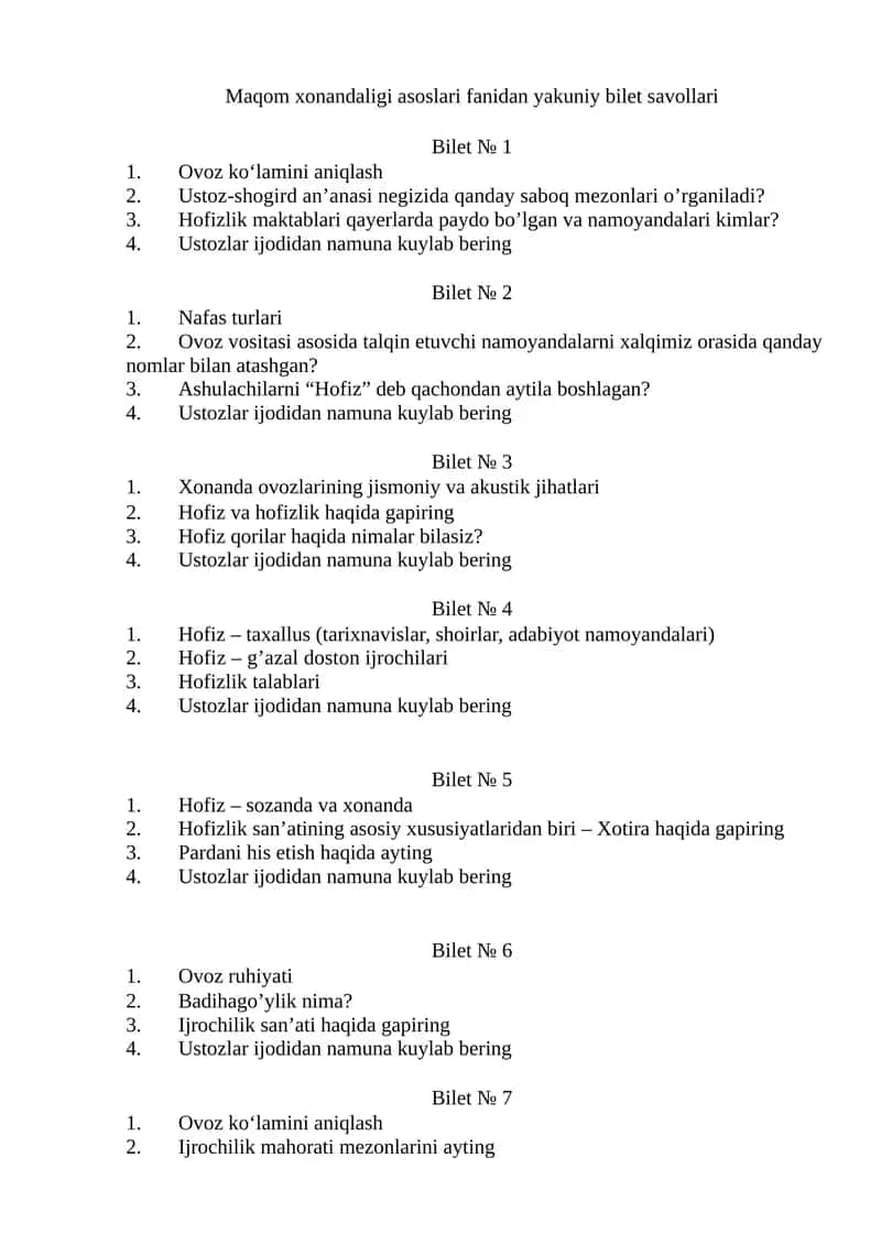 Maqom xonandaligi asoslari fanidan yakuniy bilet savollari