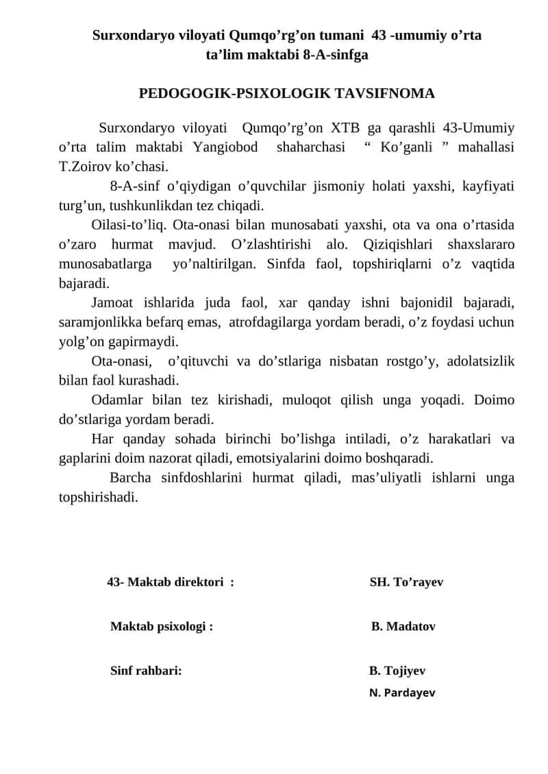 PEDOGOGIK-PSIXOLOGIK TAVSIFNOMA