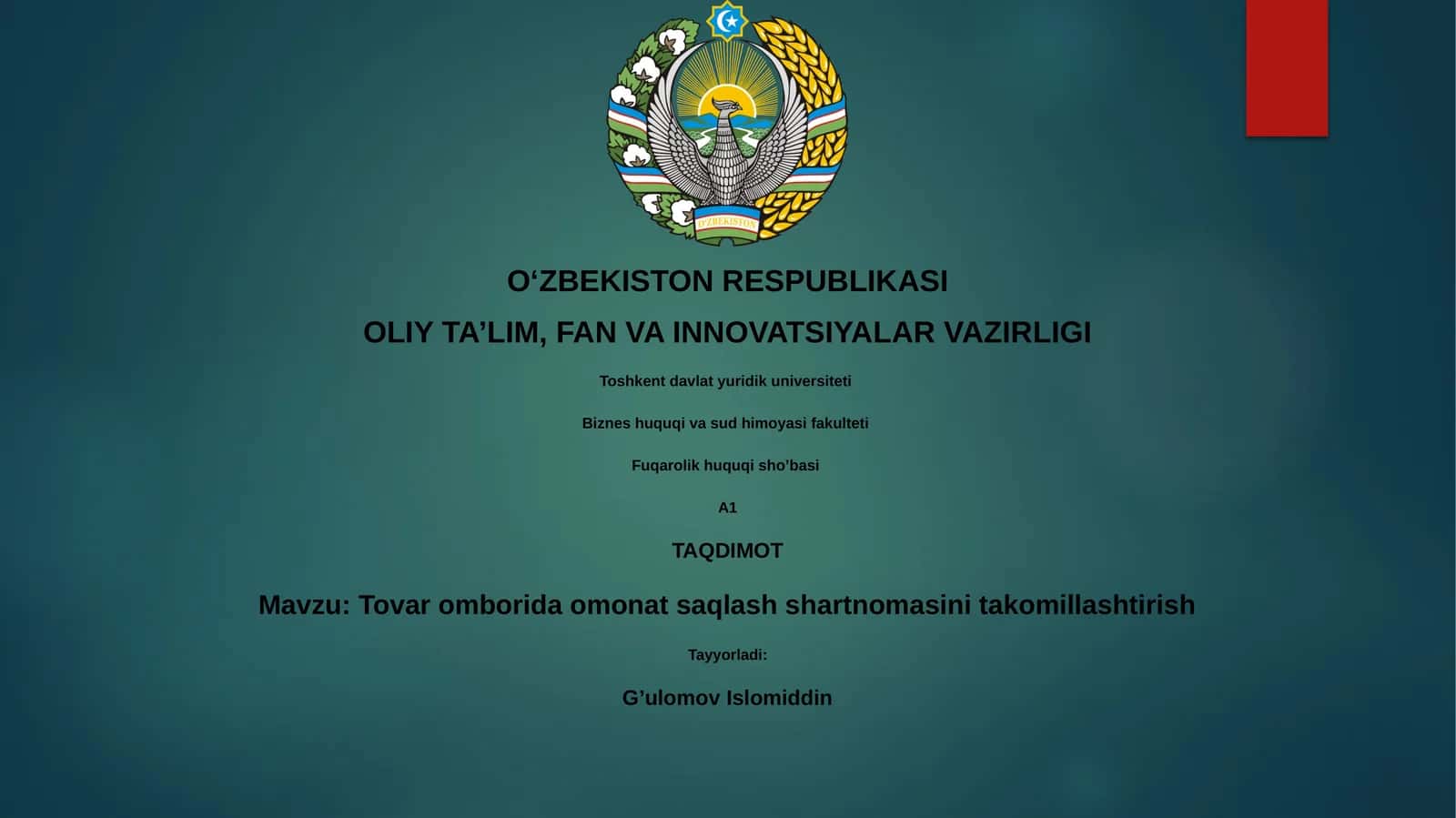 Tovar omborida omonat saqlash shartnomasini takomillashtirish