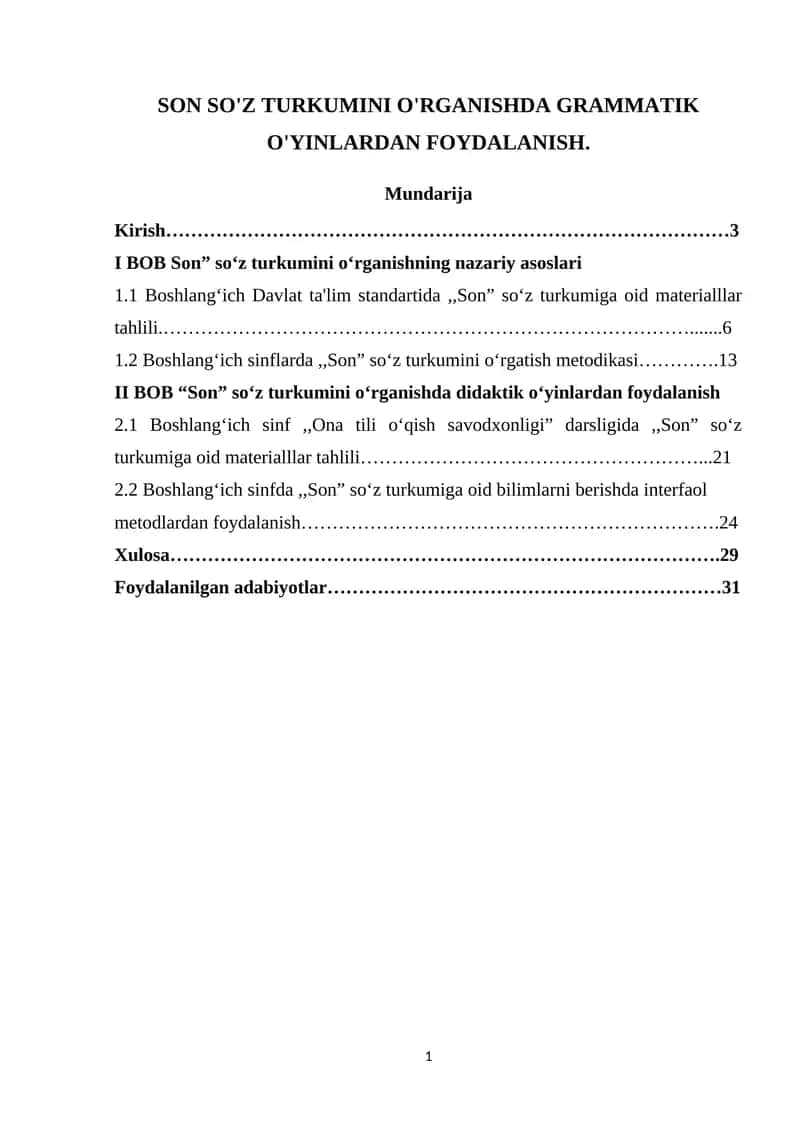 Boshlang‘ich sinflarda Son so‘z turkumini o‘rganish