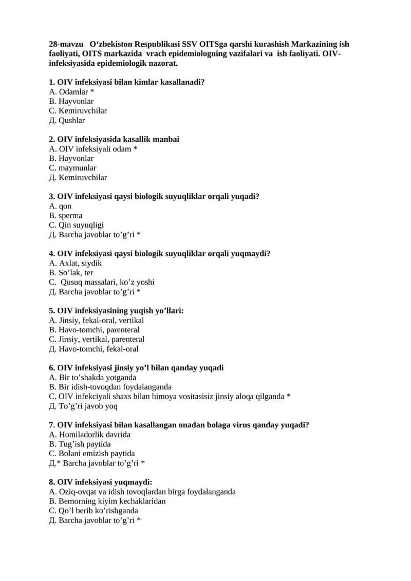 28-mavzu O‘zbekiston Respublikasi SSV OITSga qarshi kurashish Markazining ish faoliyati, OITS markazida vrach epidemiologning vazifalari va ish faoliyati. OIV-infeksiyasida epidemiologik nazorat