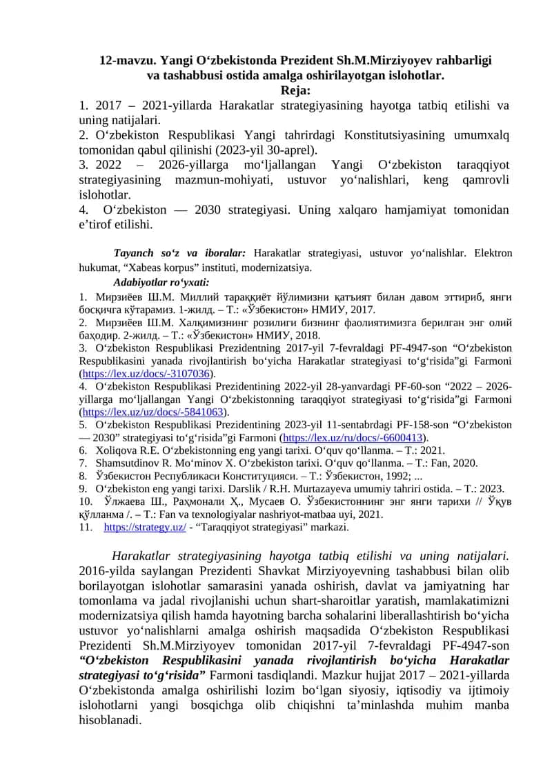 Yangi O‘zbekistonda Prezident Sh.M.Mirziyoyev rahbarligi va tashabbusi ostida amalga oshirilayotgan islohotlar.