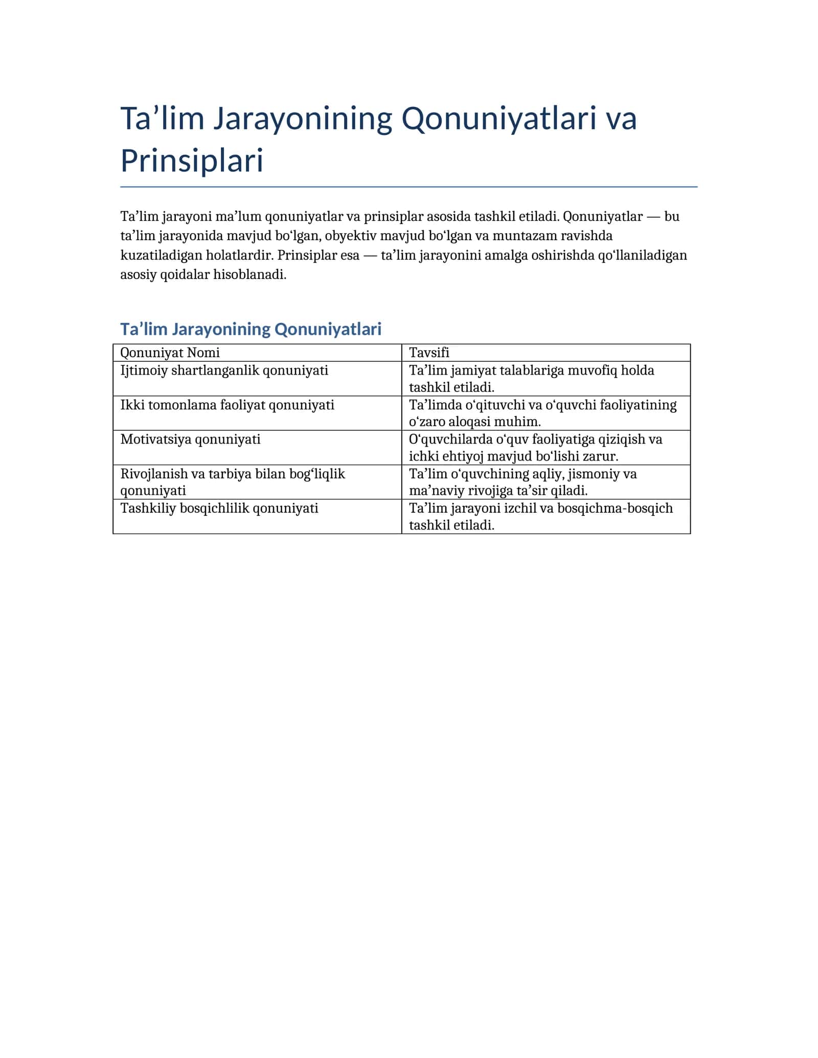 Taʼlim Jarayonining Qonuniyatlari va Prinsiplari