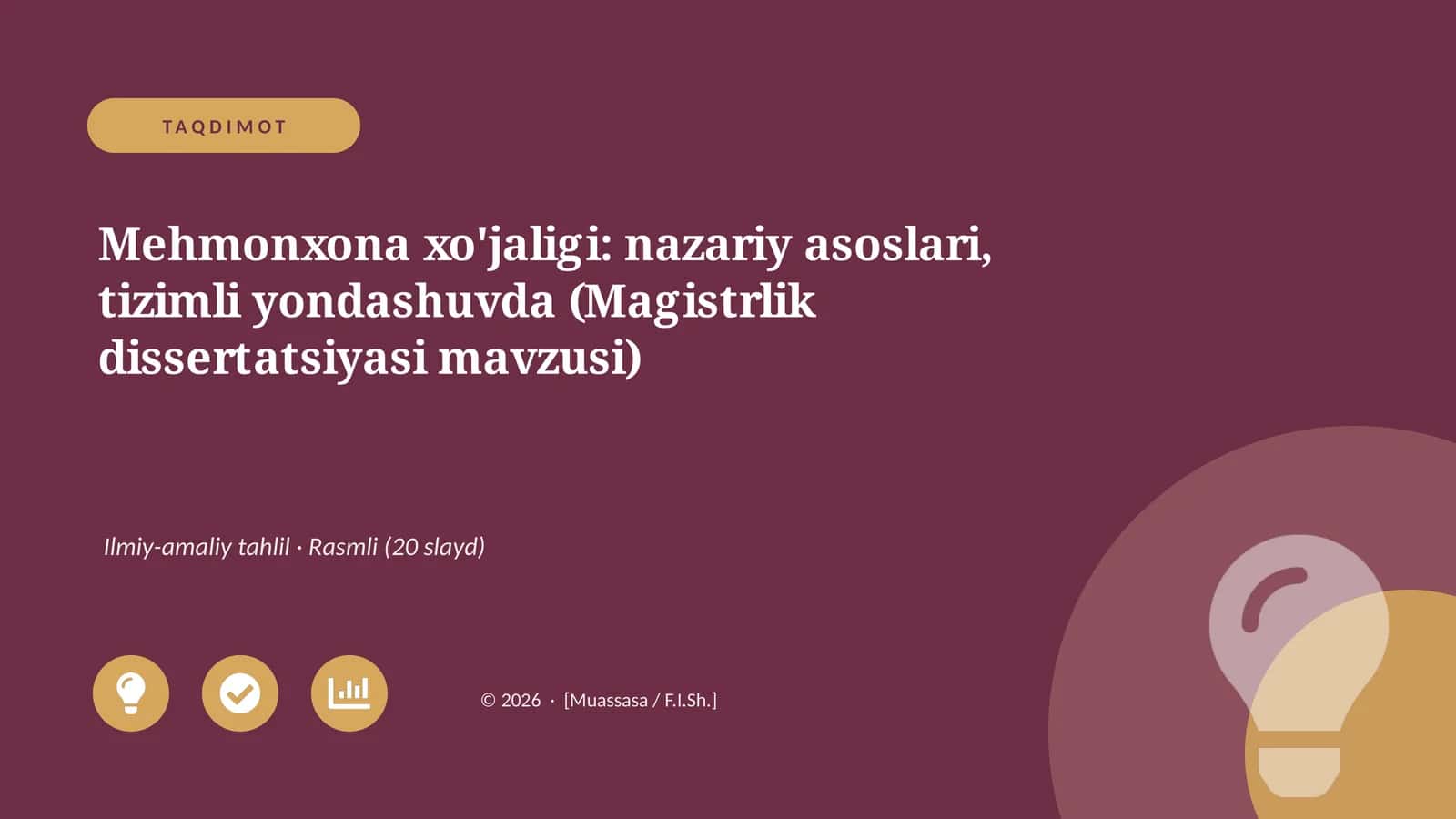 Mehmonxona xo'jaligi: nazariy asoslari, tizimli yondashuvda (Magistrlik dissertatsiyasi mavzusi)