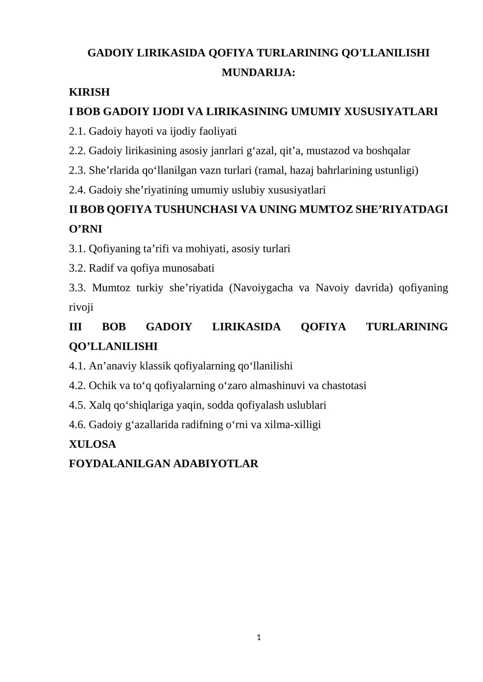GADOIY LIRIKASIDA QOFIYA TURLARINING QO'LLANILISHI