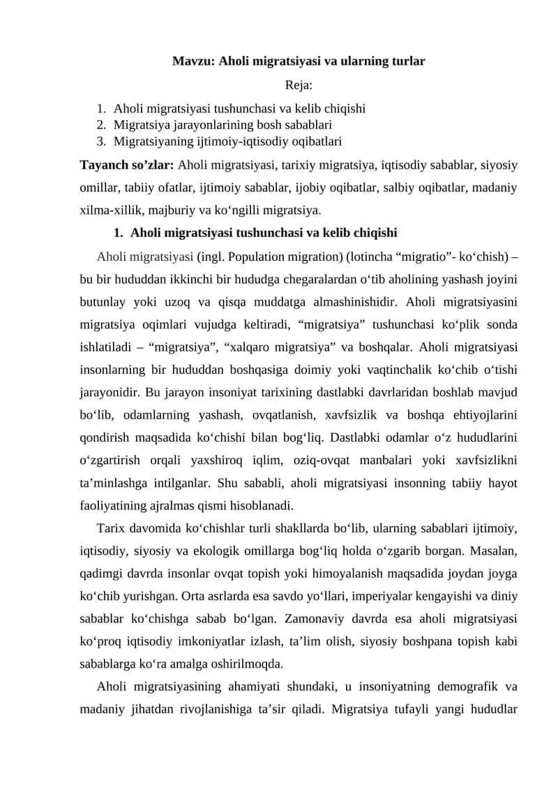 Aholi migratsiyasi va ularning turlar