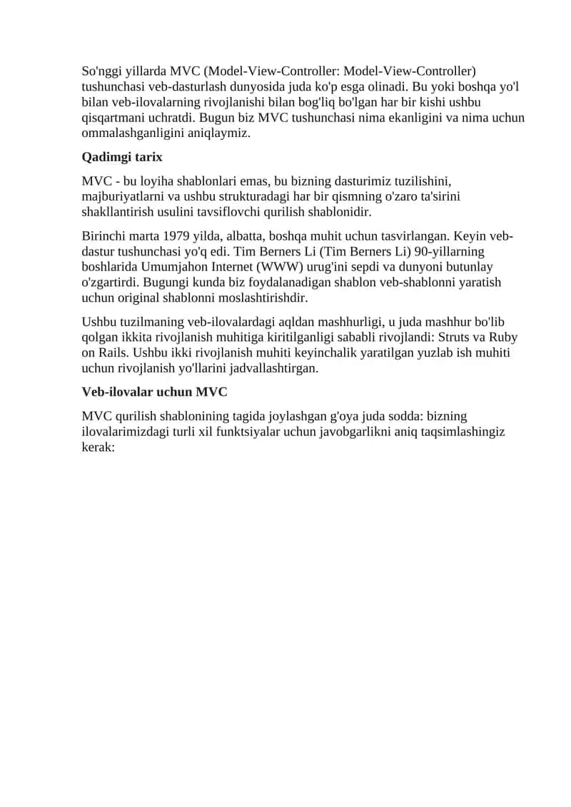 Veb-dasturlashda MVC (Model-View-Controller) tushunchasi