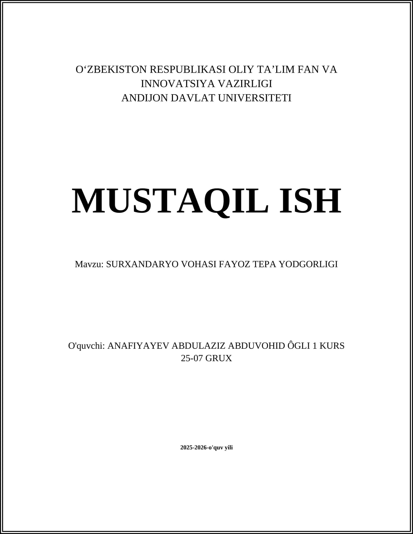 SURXANDARYO VOHASI FAYOZ TEPA YODGORLIGI