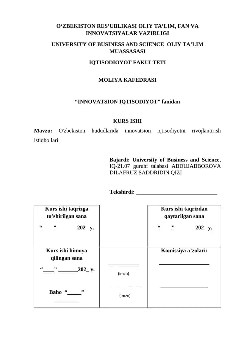 O'zbekiston hududlarida innovatsion iqtisodiyotni rivojlantirish istiqbollari