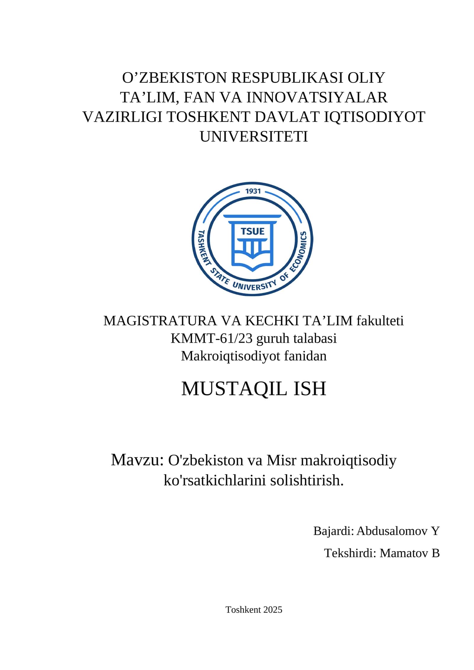 O'zbekiston va Misr makroiqtisodiy ko'rsatkichlarini solishtirish