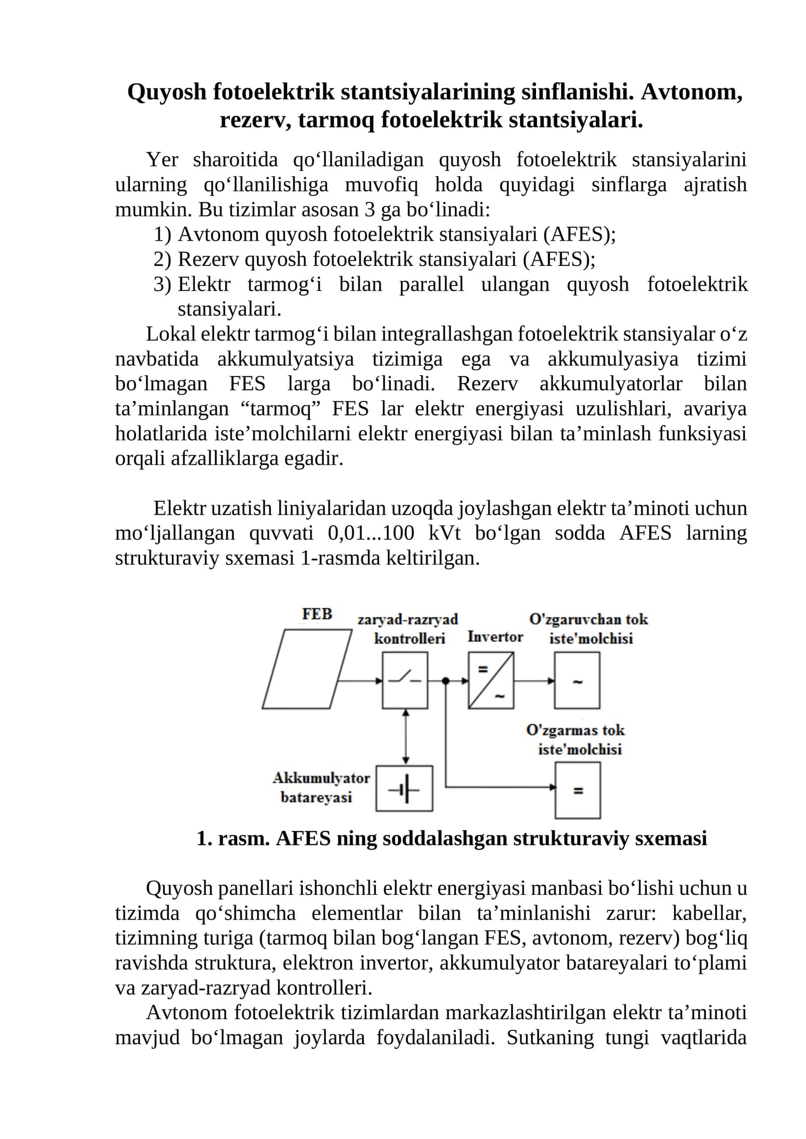 Quyosh fotoelektrik stantsiyalarning sinflanishi