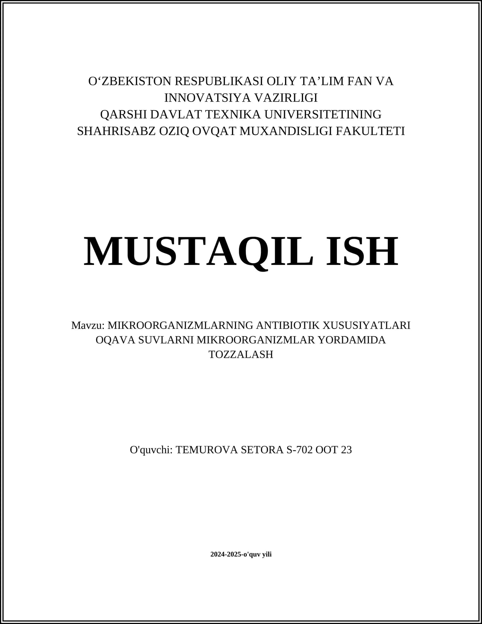 MIKROORGANIZMLARNING ANTIBIOTIK XUSUSIYATLARI OQAVA SUVLARNI MIKROORGANIZMLAR YORDAMIDA TOZZALASH