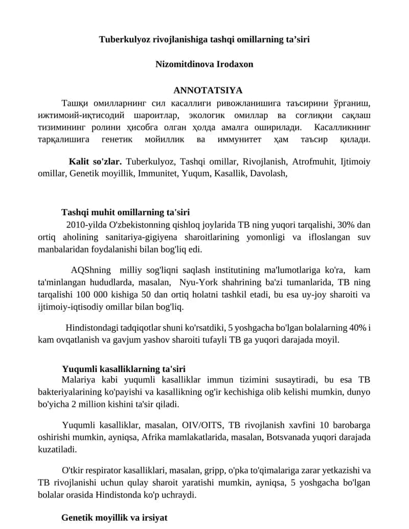 Tuberkulyoz rivojlanishiga tashqi omillarning ta’siri
