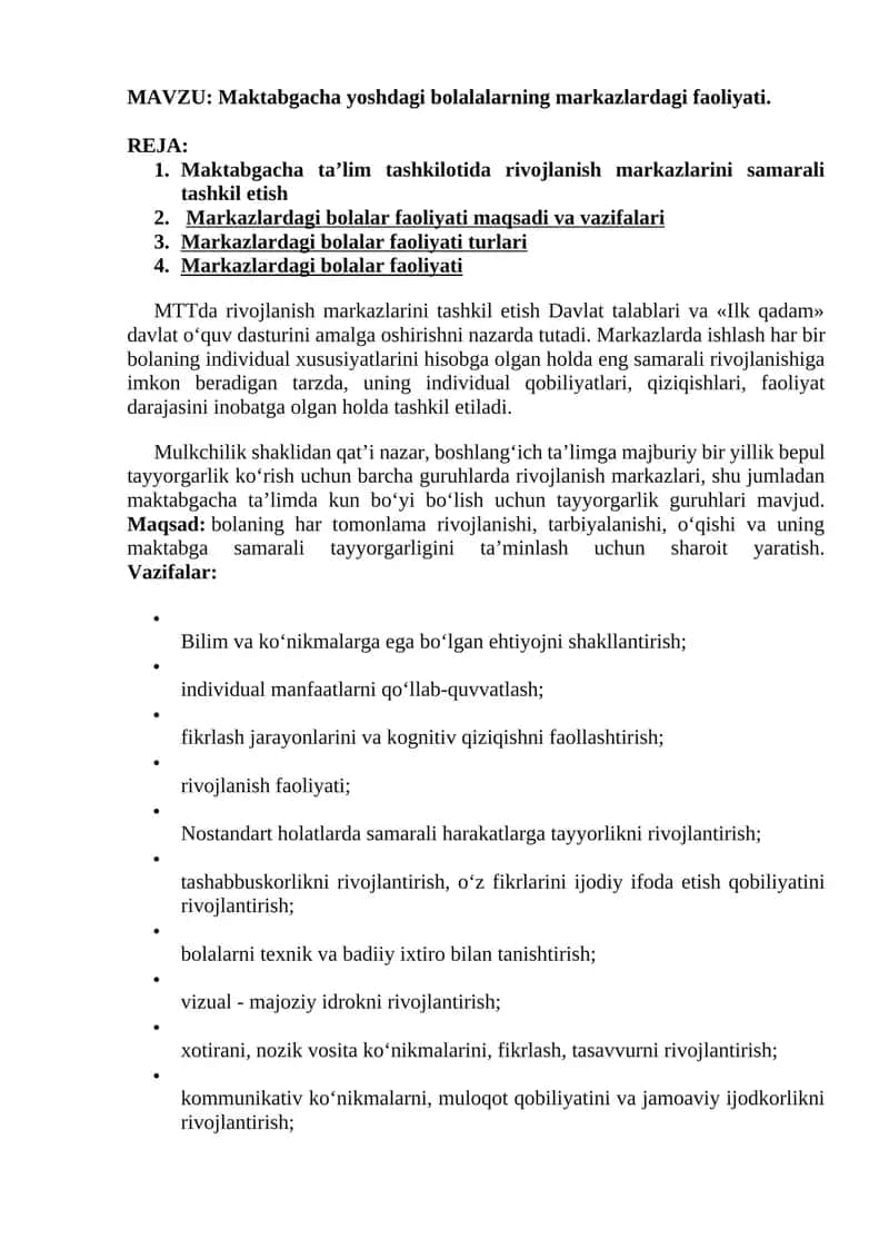 Maktabgacha yoshdagi bolalalarning markazlardagi faoliyati