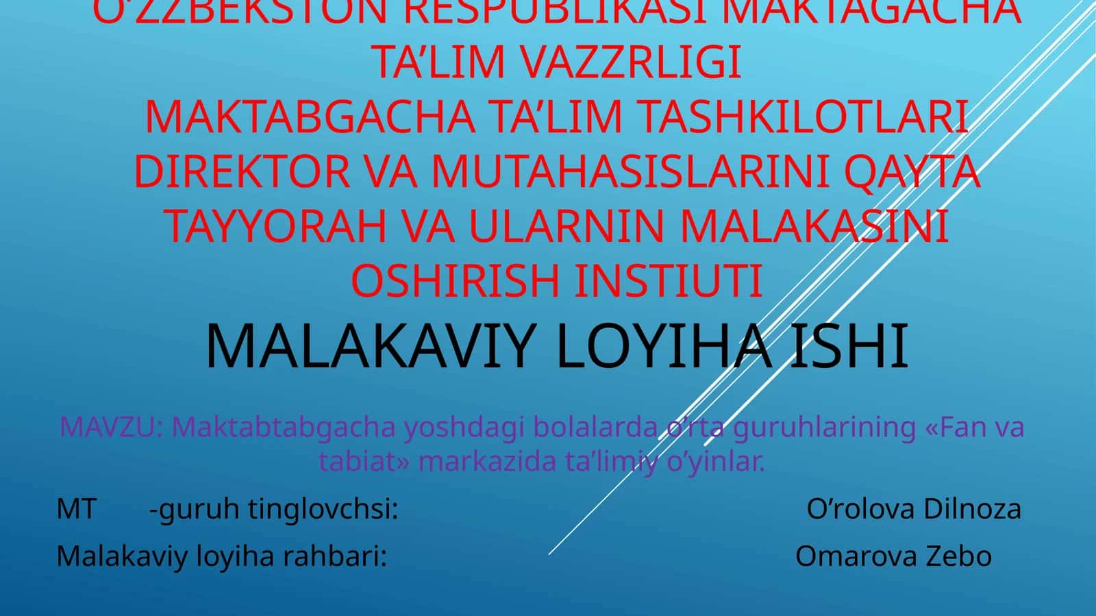 Maktabgacha yoshdagi bolalarda o’rtaguruhlarining «Fan va tabiat» markazida ta’limiy o’yinlar