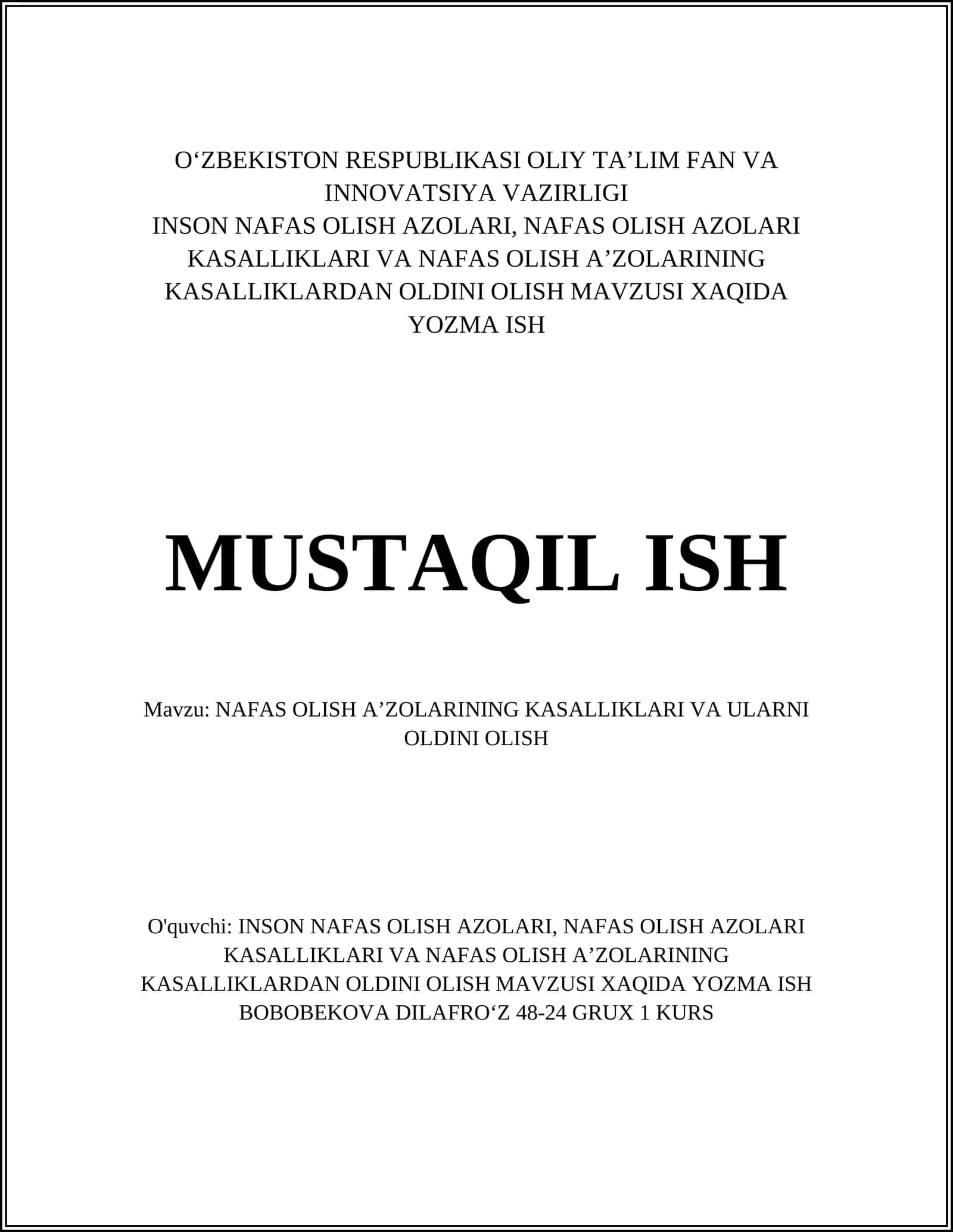 NAFAS OLISH AʼZOLARINING KASALLIKLARI VA ULARNI OLDINI OLISH