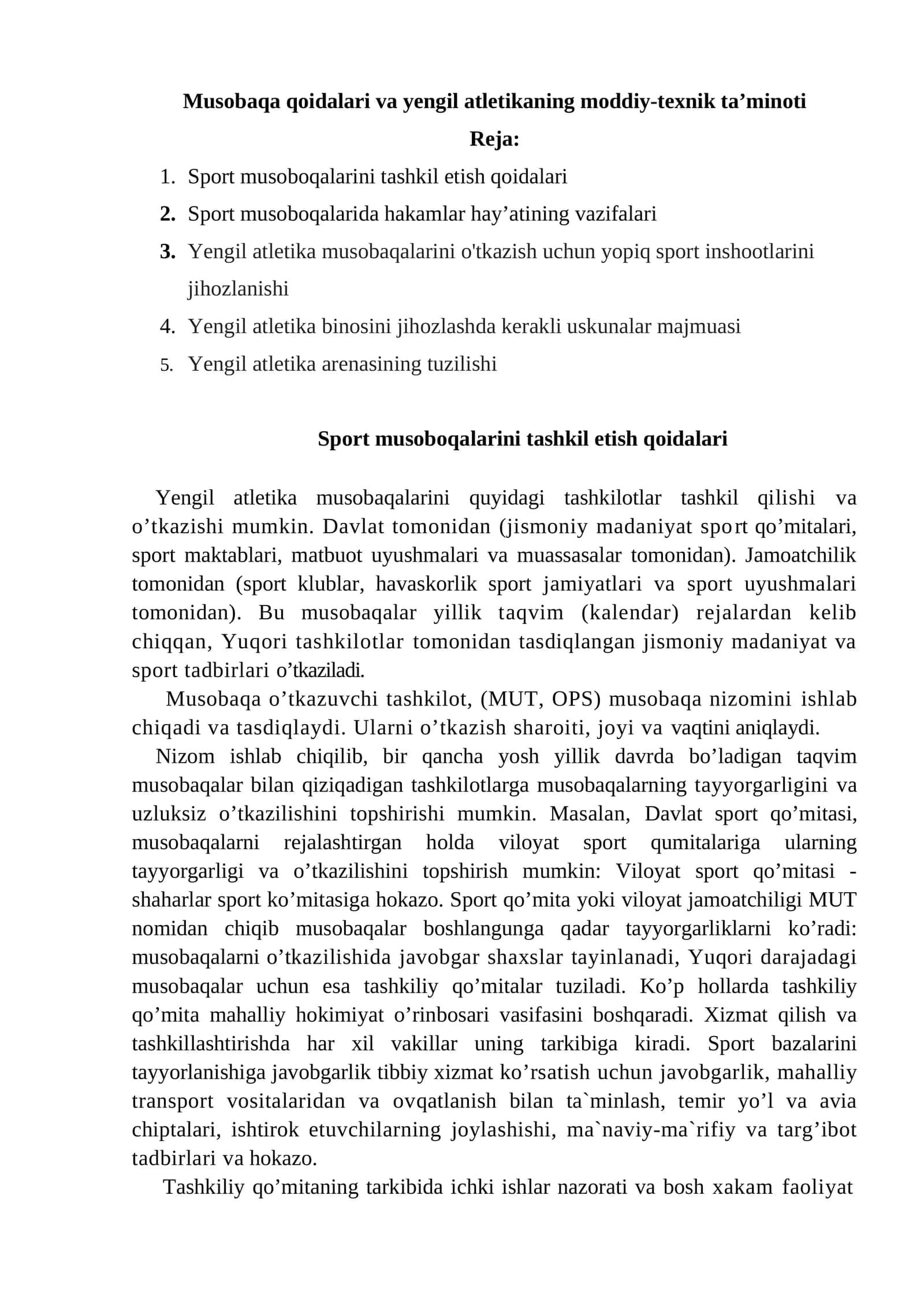 Musоbаqа qоidаlаri vа yengil аtlеtikаning mоddiy-tехnik tа’minоti