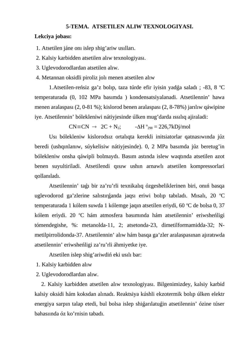 5-TEMA. ATSETILEN ALIW TEXNOLOGIYASI