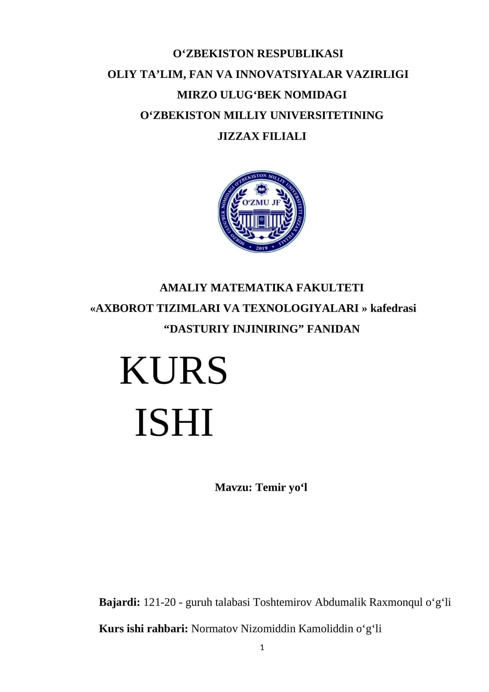 DASTURIY INJINIRING FANIDAN KURS ISHI