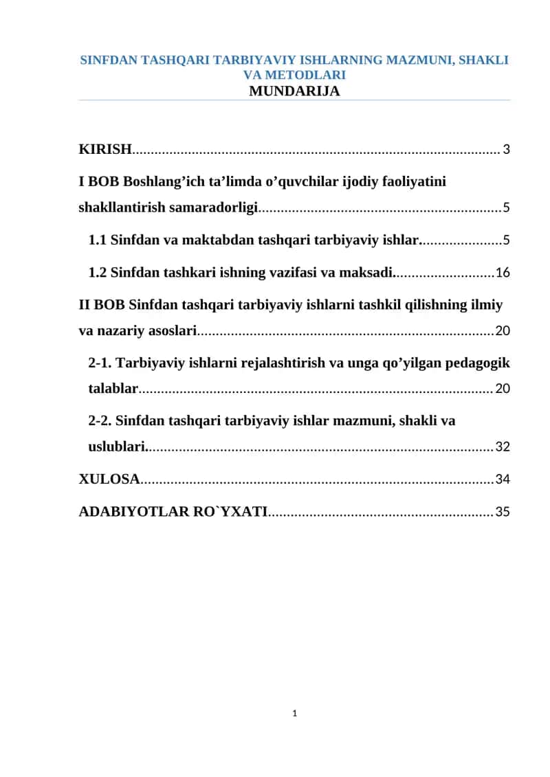 Sinfdan Tashqari Tarbiyaviy Ishlarning Mazmuni, Shakli va Metodlari