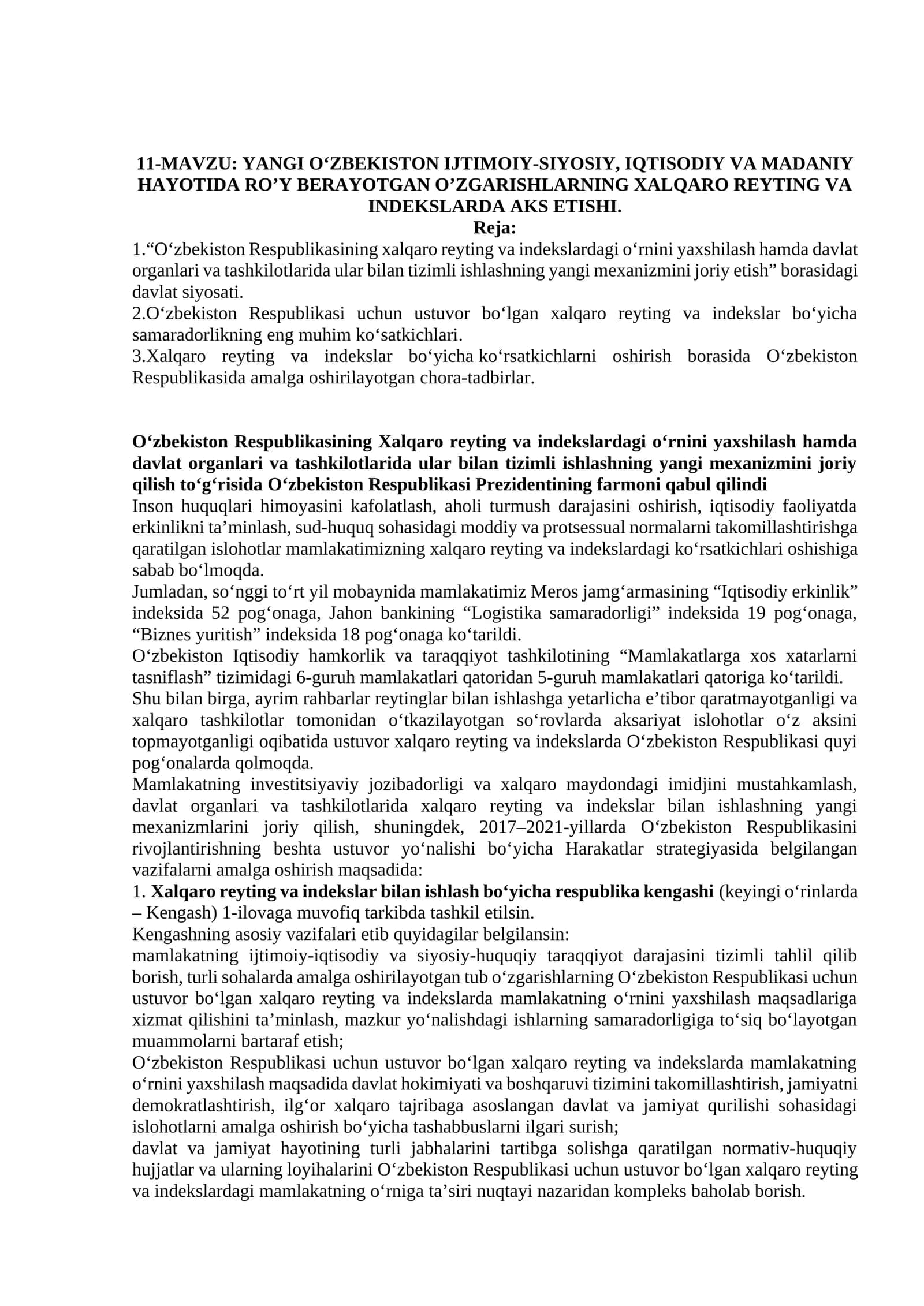 YANGI O‘ZBEKISTON IJTIMOIY-SIYOSIY, IQTISODIY VA MADANIY HAYOTIDA RO’Y BERAYOTGAN O’ZGARISHLARNING XALQARO REYTING VA INDEKSLARDA AKS ETISHI