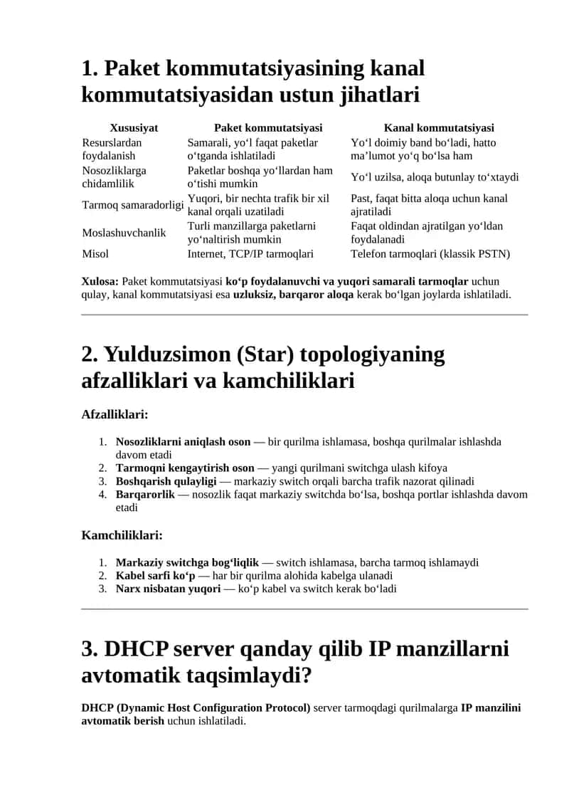 Paket kommutatsiyasining kanal kommutatsiyasidan ustun jihatlari