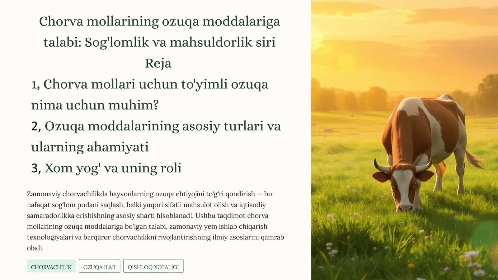 Chorva mollarining ozuqa moddalariga talabi: Sog'lomlik va mahsuldorlik siri