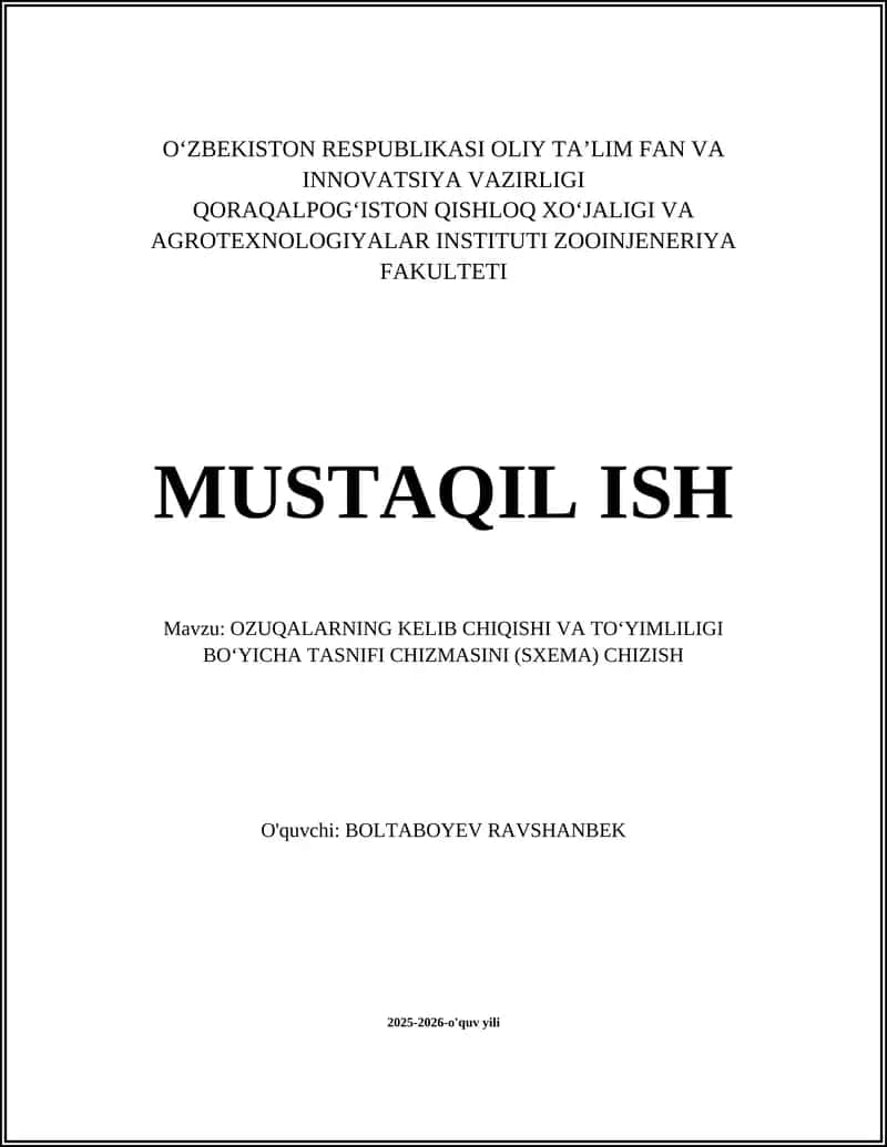 OZUQALARNING KELIB CHIQISHI VA TOʻYIMLILIGI BOʻYICHA TASNIFI CHIZMASINI (SXEMA) CHIZISH