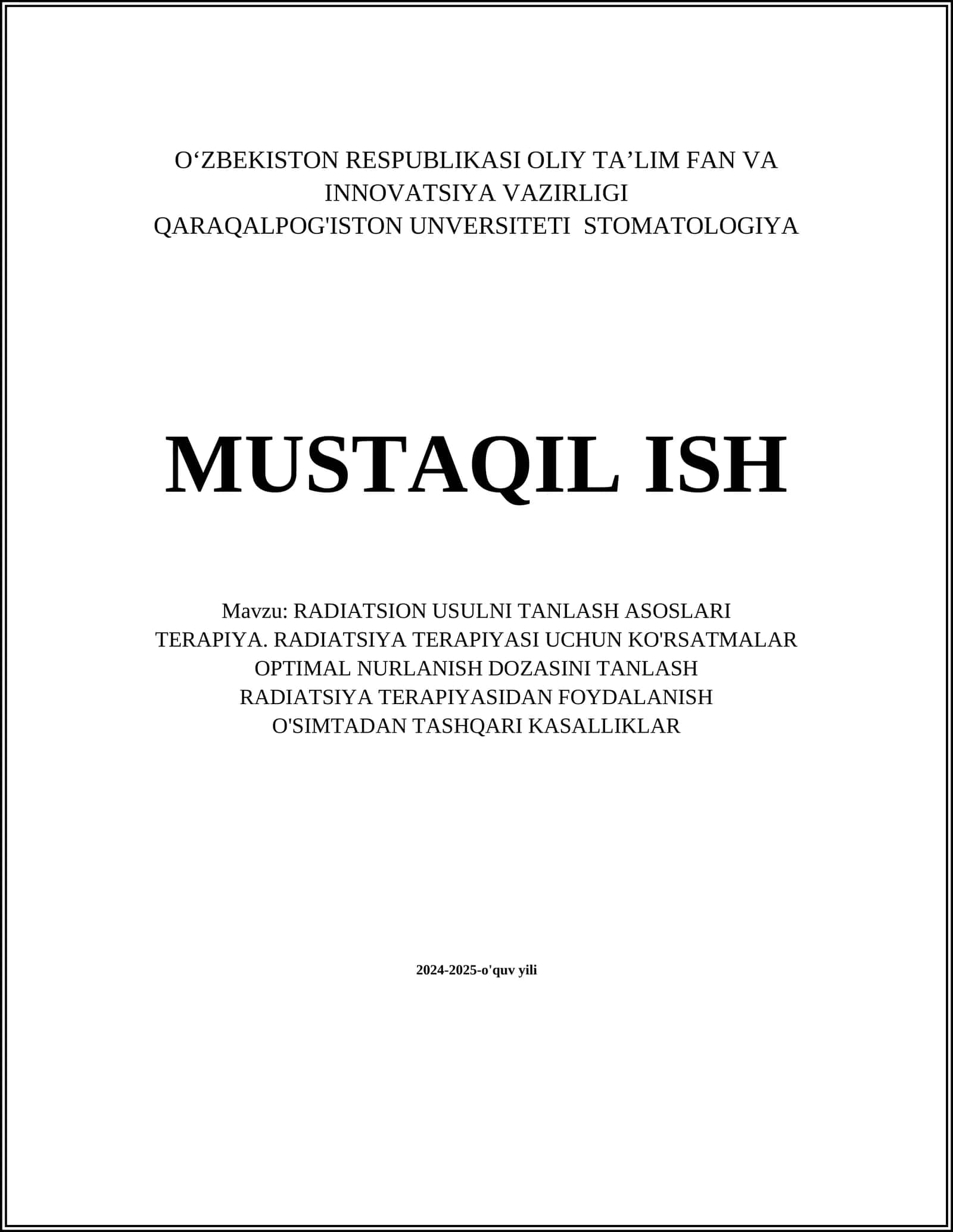 RADIATSION USULNI TANLASH ASOSLARI
