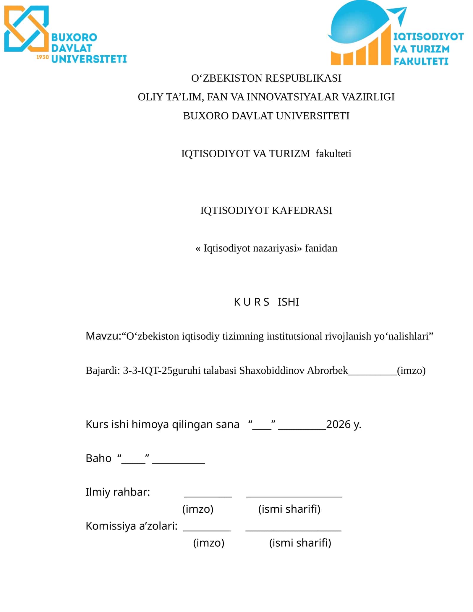 «Oʻzbekiston iqtisodiy tizimning institutsional rivojlanish yoʻnalishlari»