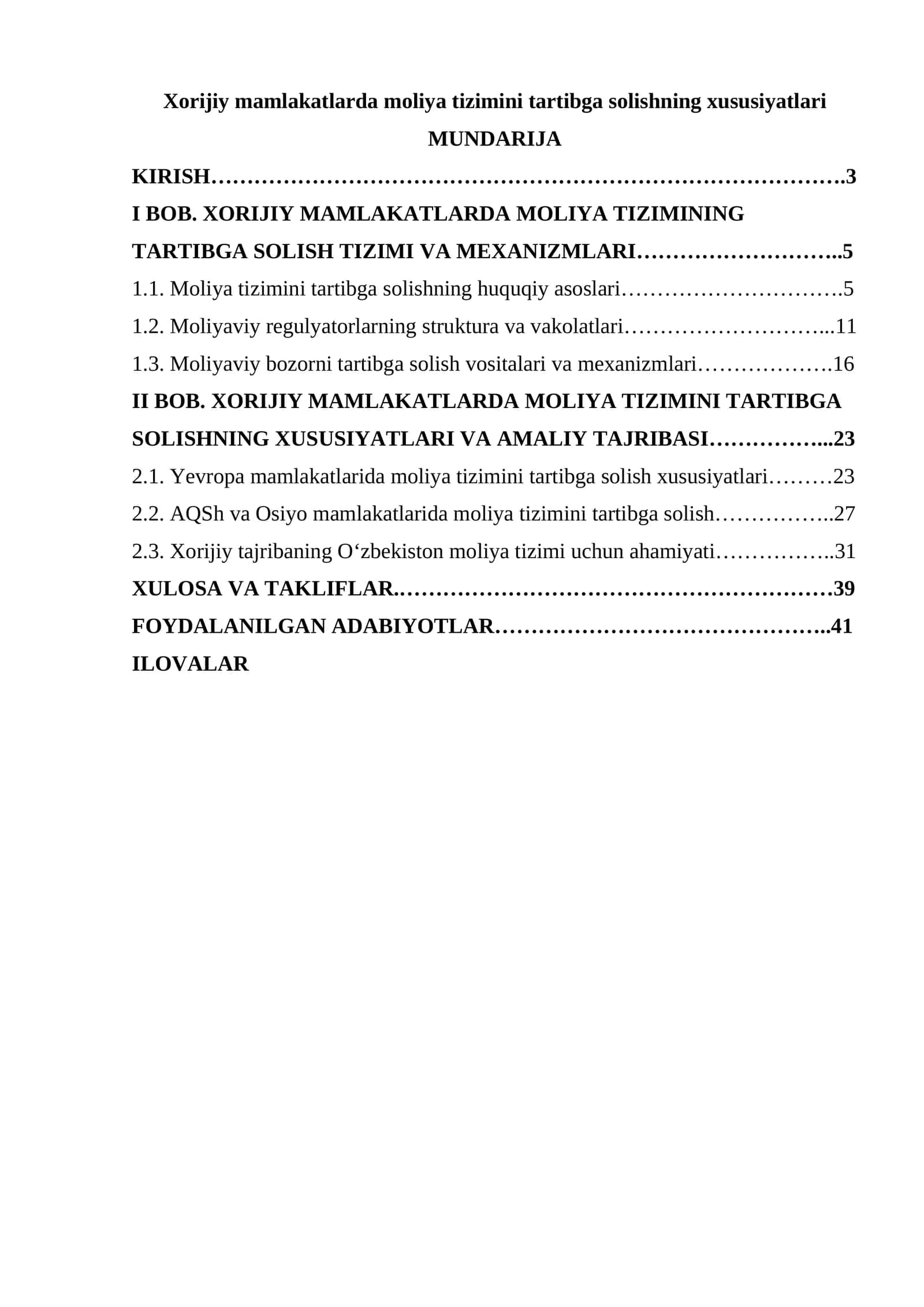 Xorijiy mamlakatlarda moliya tizimini tartibga solishning xususiyatlari