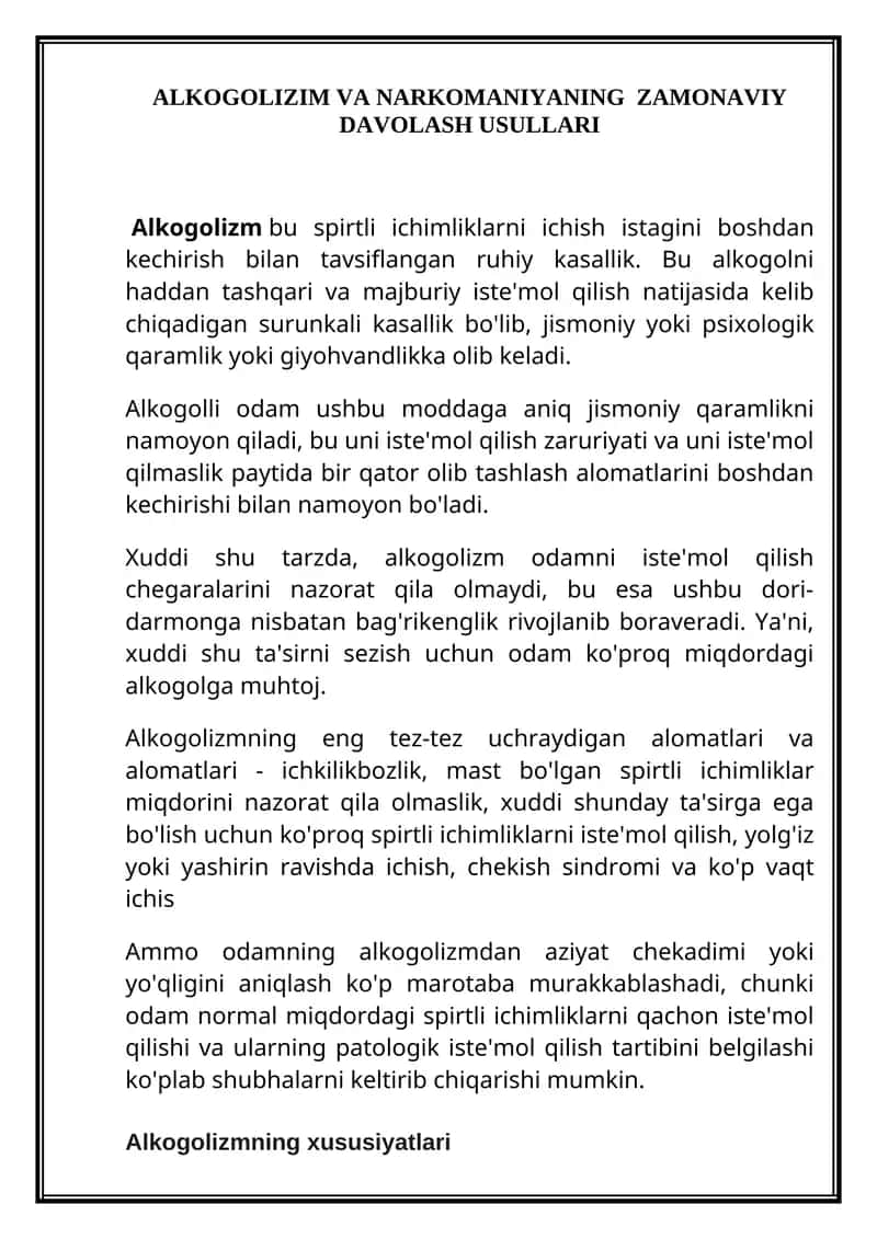Alkogolizim va narkomaniyaning zamonaviy davolash usullari