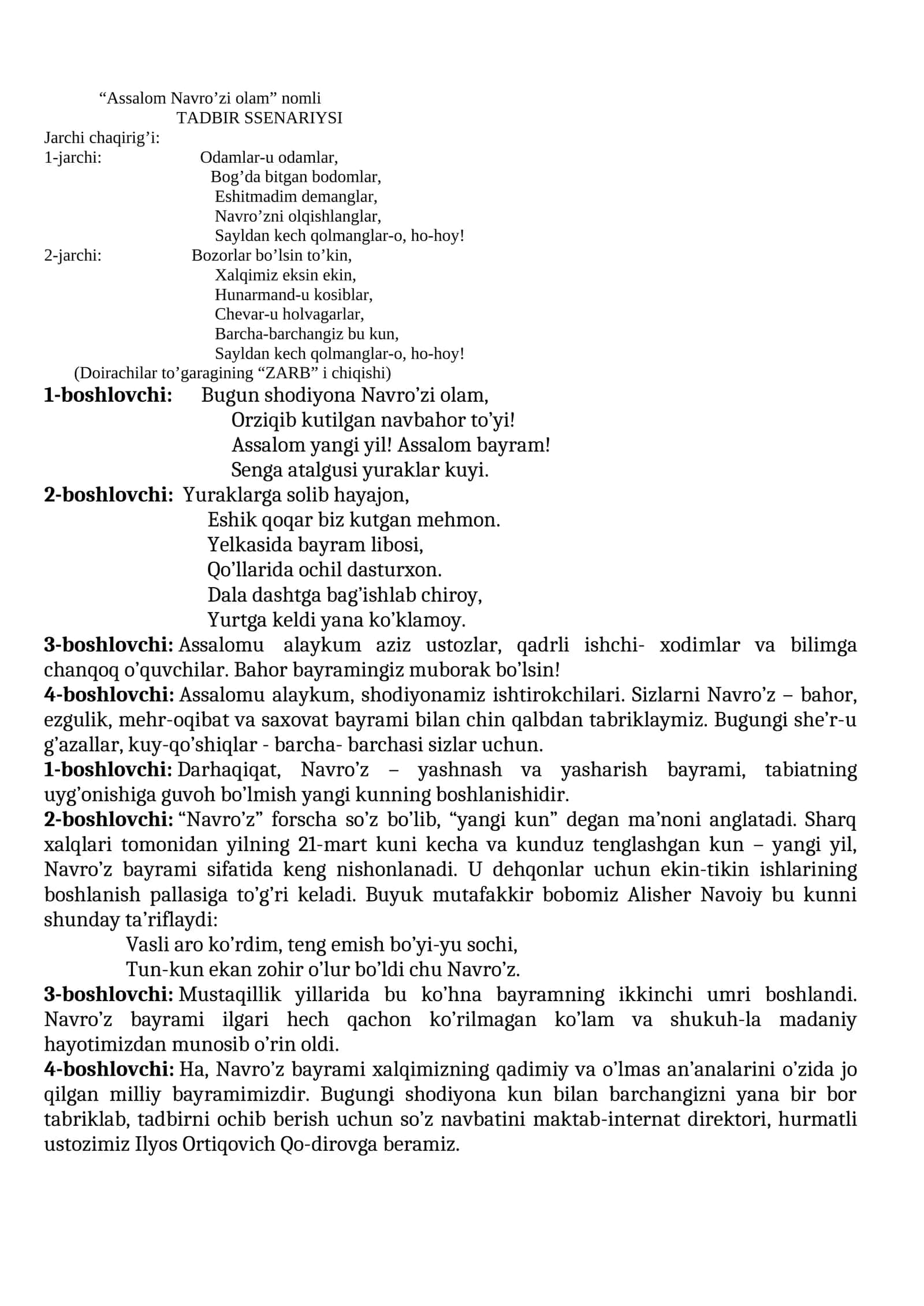 “Assalom Navro’zi olam” nomli TADBIR SSENARIYSI