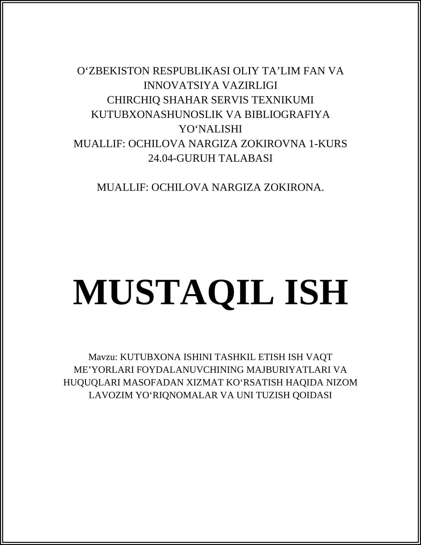 KUTUBXONA ISHINI TASHKIL ETISH