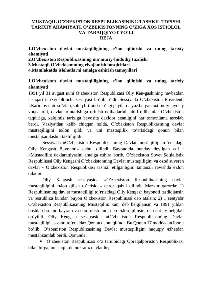 MUSTАQIL O’ZBEKISTОN RESPUBLIKАSINING TАSHKIL TОPISHI TАRIХIY АHАMIYATI. O’ZBEKISTONNING O’ZIGА ХOS ISTIQLOL VА TАRАQQIYOT YO’LI