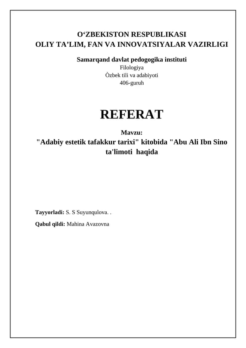 Adabiy estetik tafakkur tarixi kitobida Abu Ali Ibn Sino ta'limoti haqida