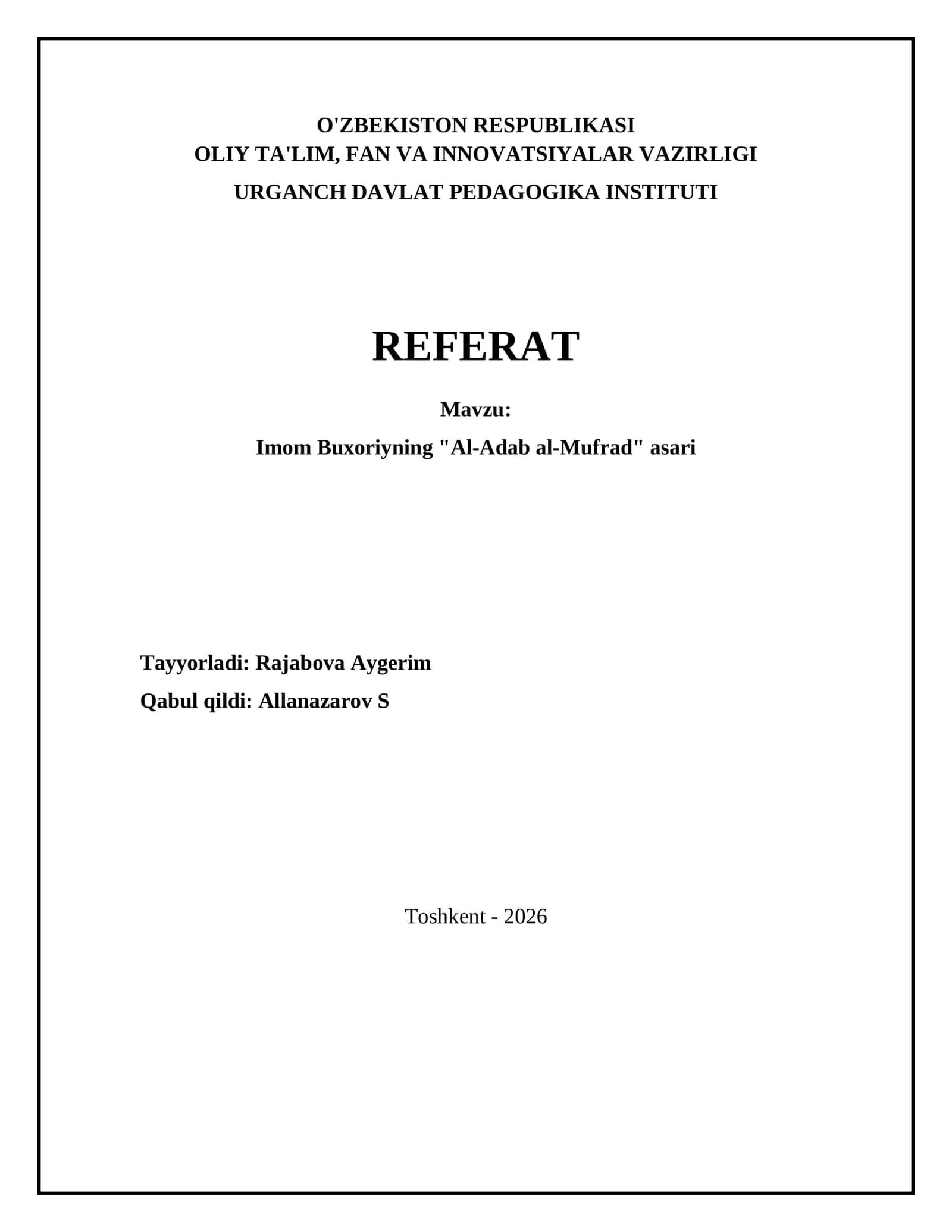 Imom Buxoriyning "Al-Adab al-Mufrad" asari