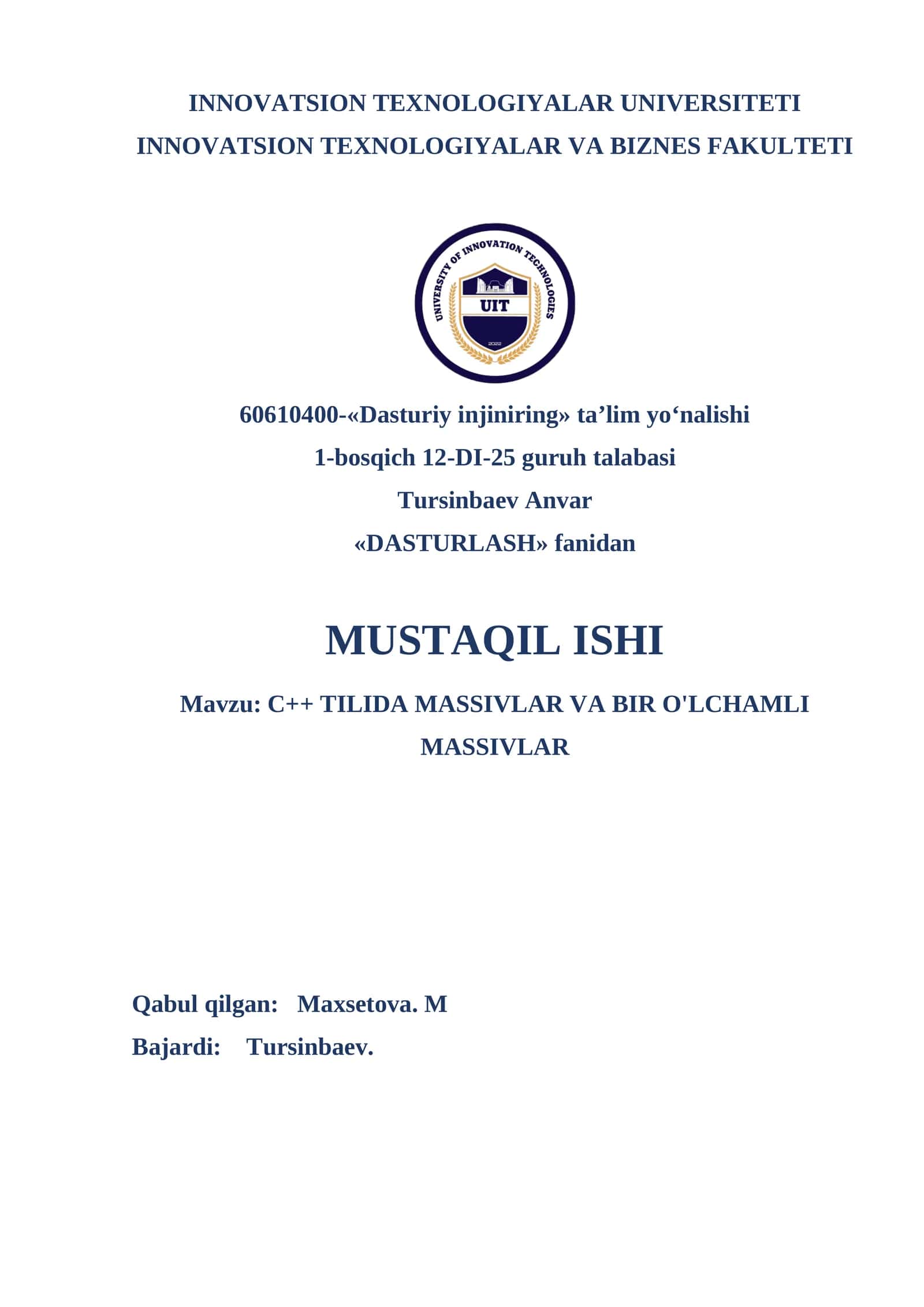 Dosturlash fanidan mustaqil ish