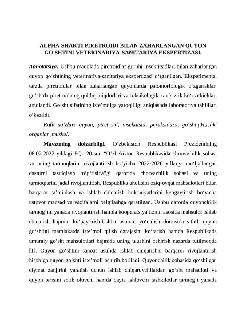 Alpha-Shakti Piretroidi bilan Zaharlangan Quyon Go'shtini Veterinariya-Sanitariya Ekspertizasi