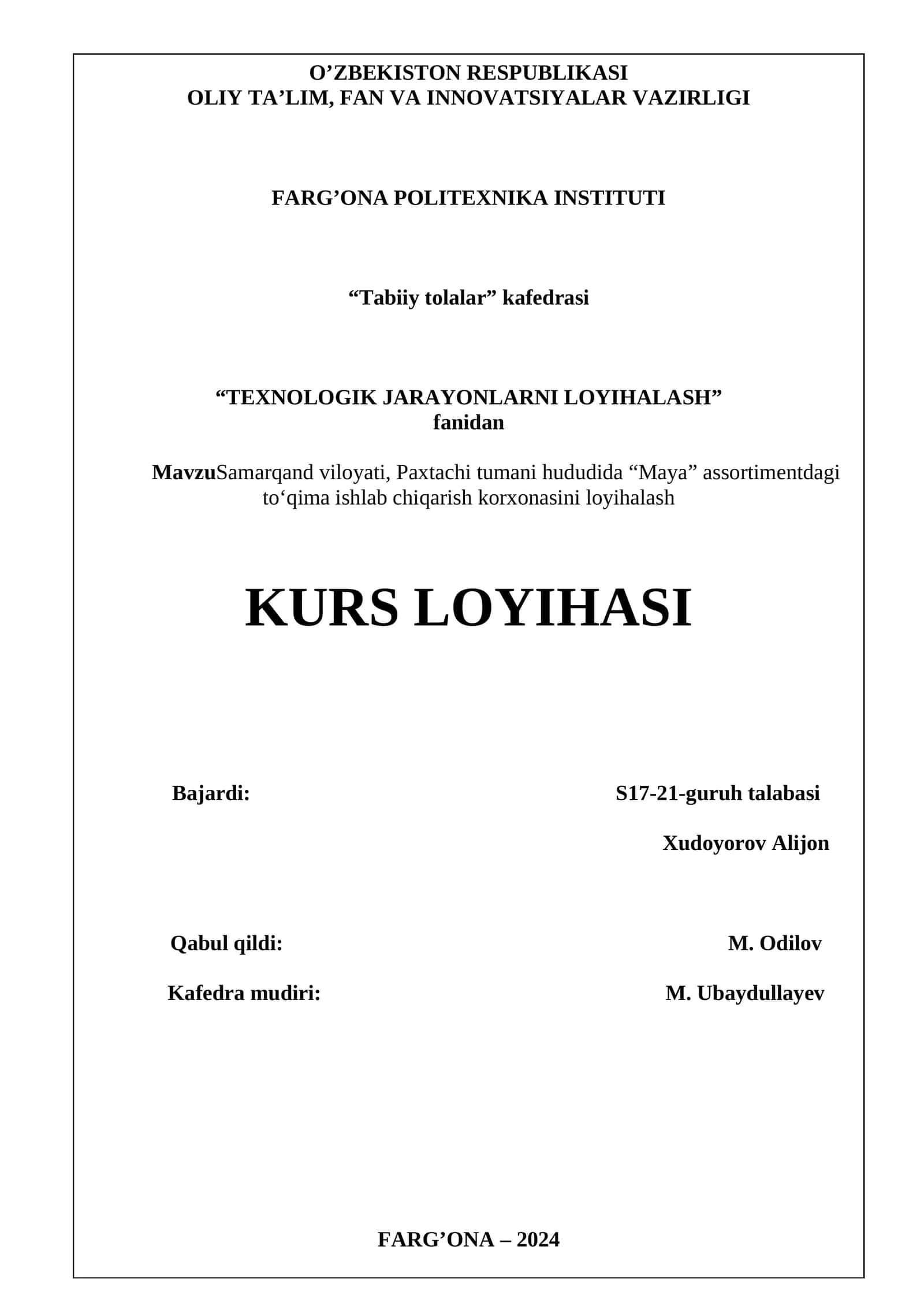 Samarqand viloyati, Paxtachi tumani hududida “Maya” assortimentdagi to‘qima ishlab chiqarish korxonasini loyihalash