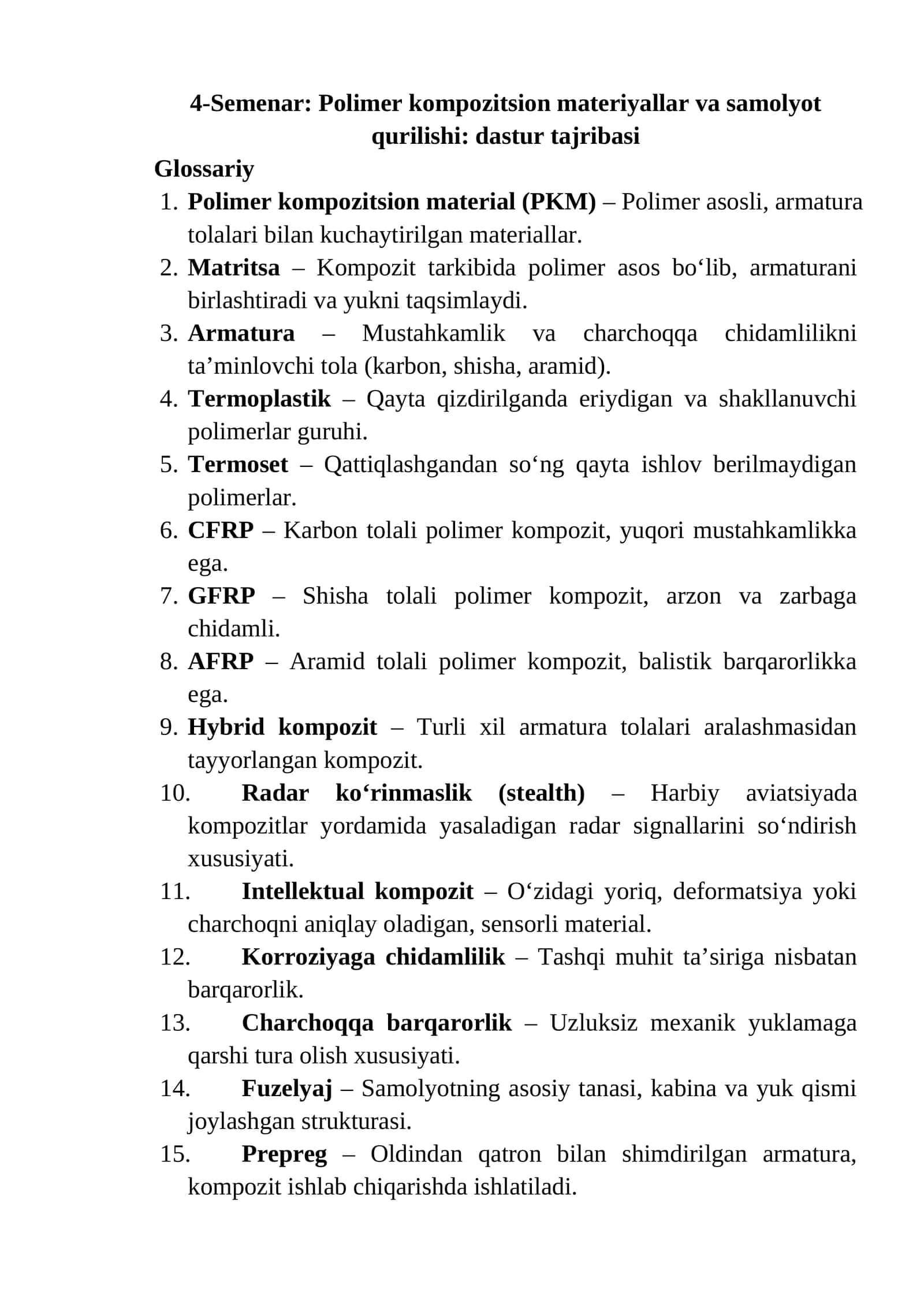 4-Semenar: Polimer kompozitsion materiyallar va samolyot qurilishi: dastur tajribasi