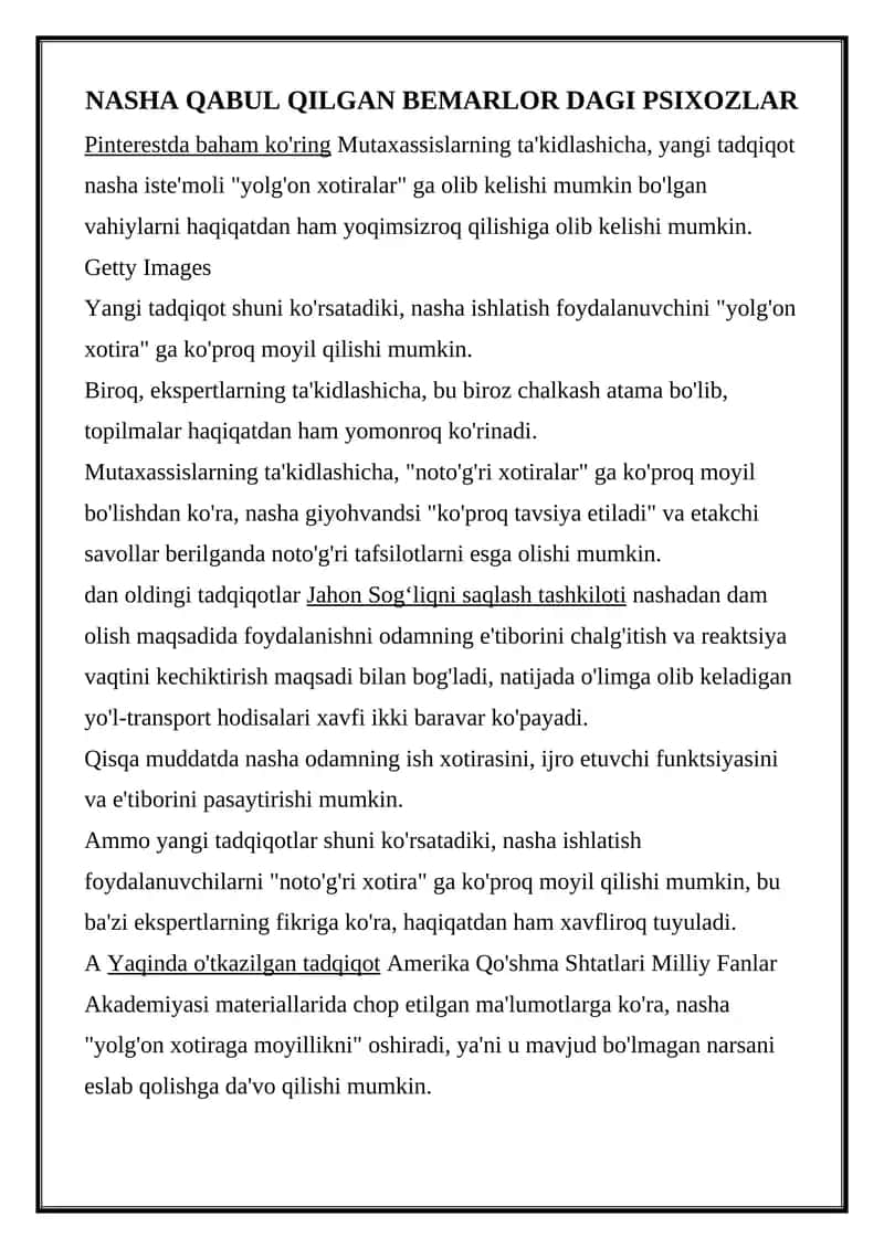 NASHA QABUL QILGAN BEMARLOR DAGI PSIXOZLAR
