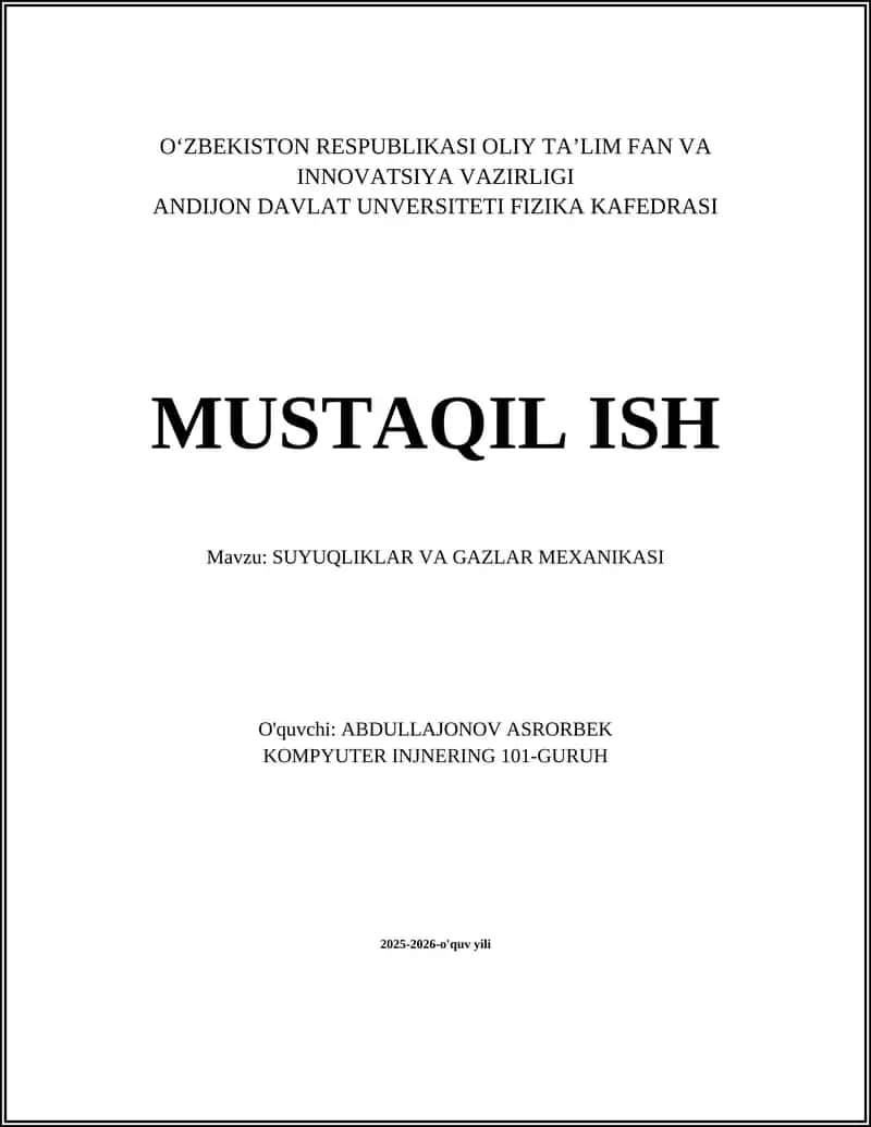SUYUQLIKLAR VA GAZLAR MEXANIKASI