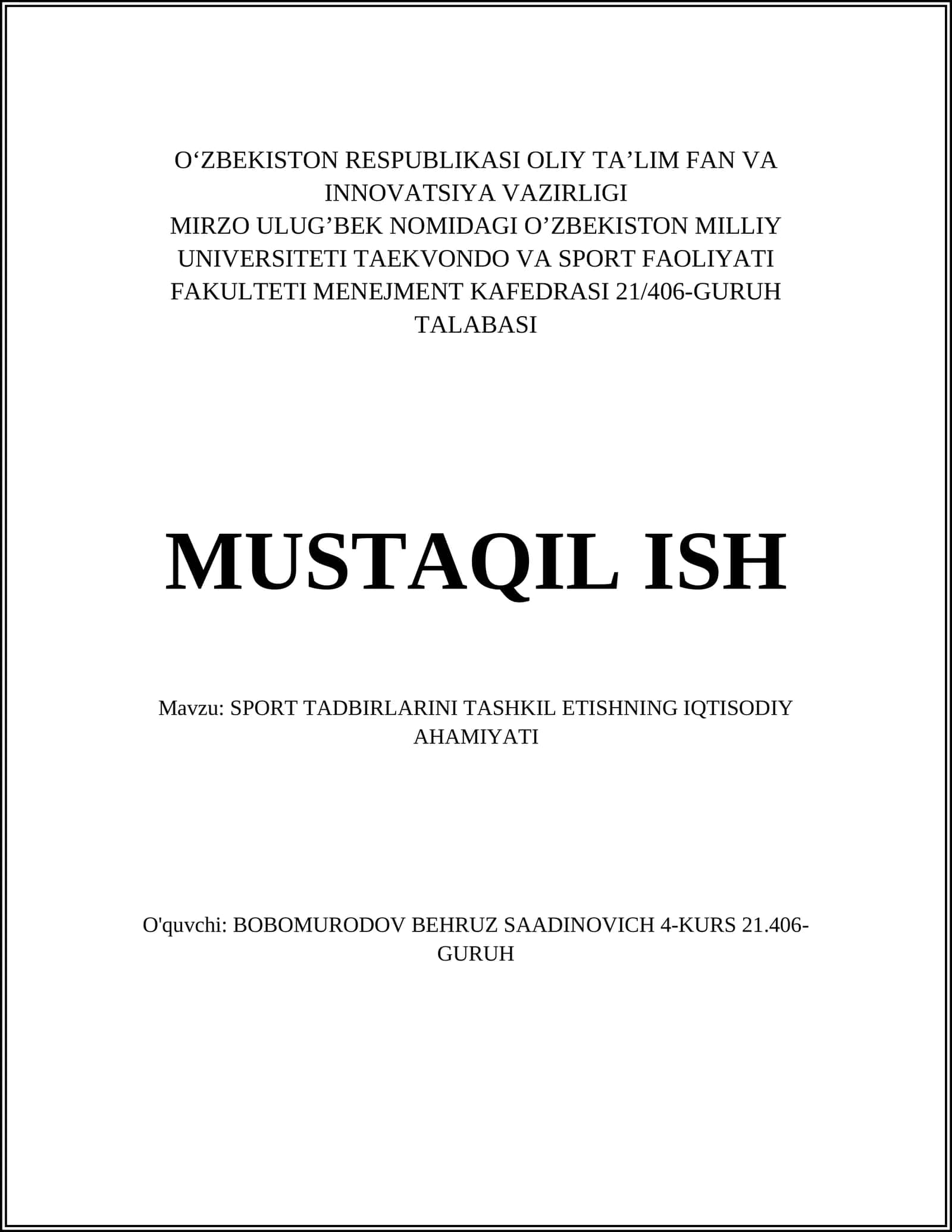 SPORT TADBIRLARINI TASHKIL ETISHNING IQTISODIY AHAMIYATI