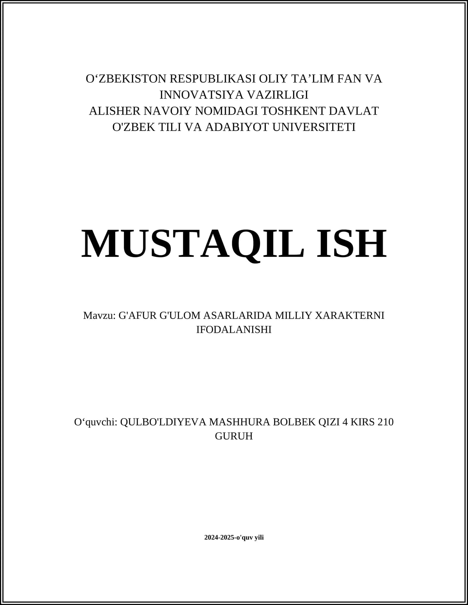 G'AFUR G'ULOM ASARLARIDA MILLIY XARAKTERNI IFODALANISHI