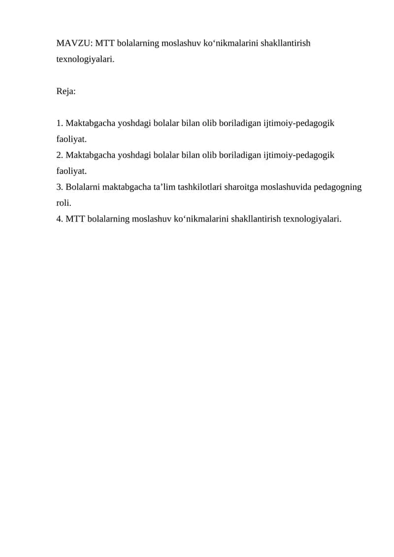 MTT bolalarning moslashuv ko‘nikmalarini shakllantirish texnologiyalari