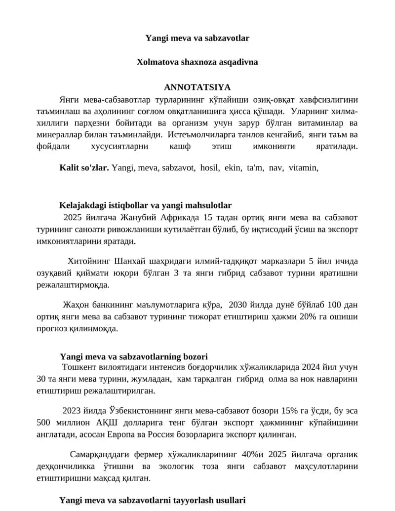 Yangi meva va sabzavotlar