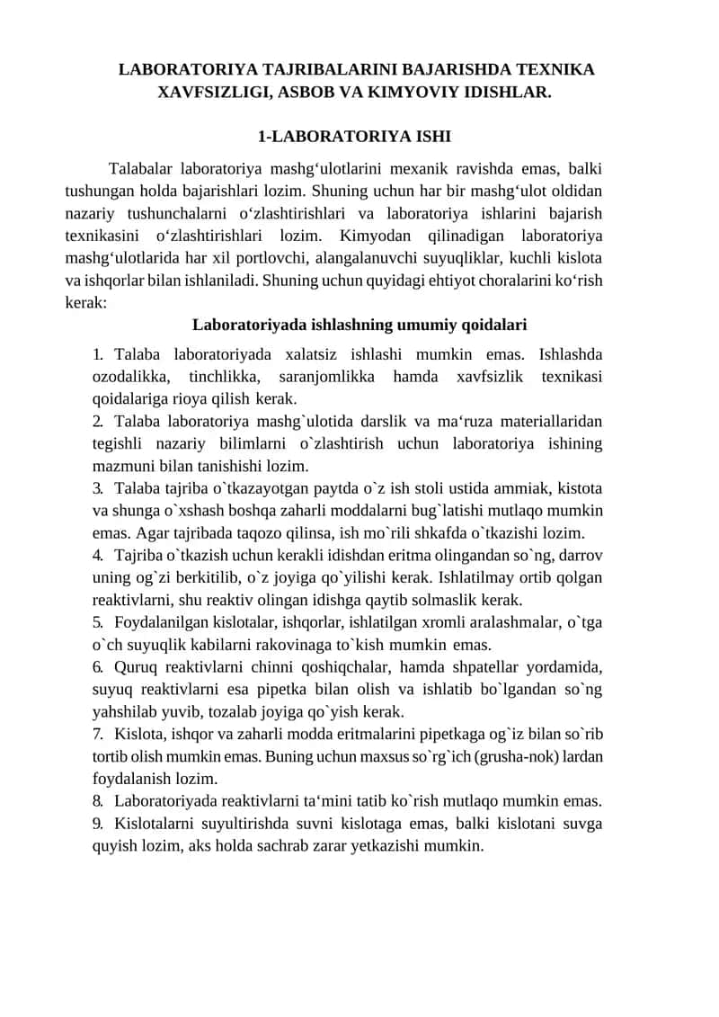 LABORATORIYA TAJRIBALARINI BAJARISHDA TEXNIKA XAVFSIZLIGI, ASBOB VA KIMYOVIY IDISHLAR