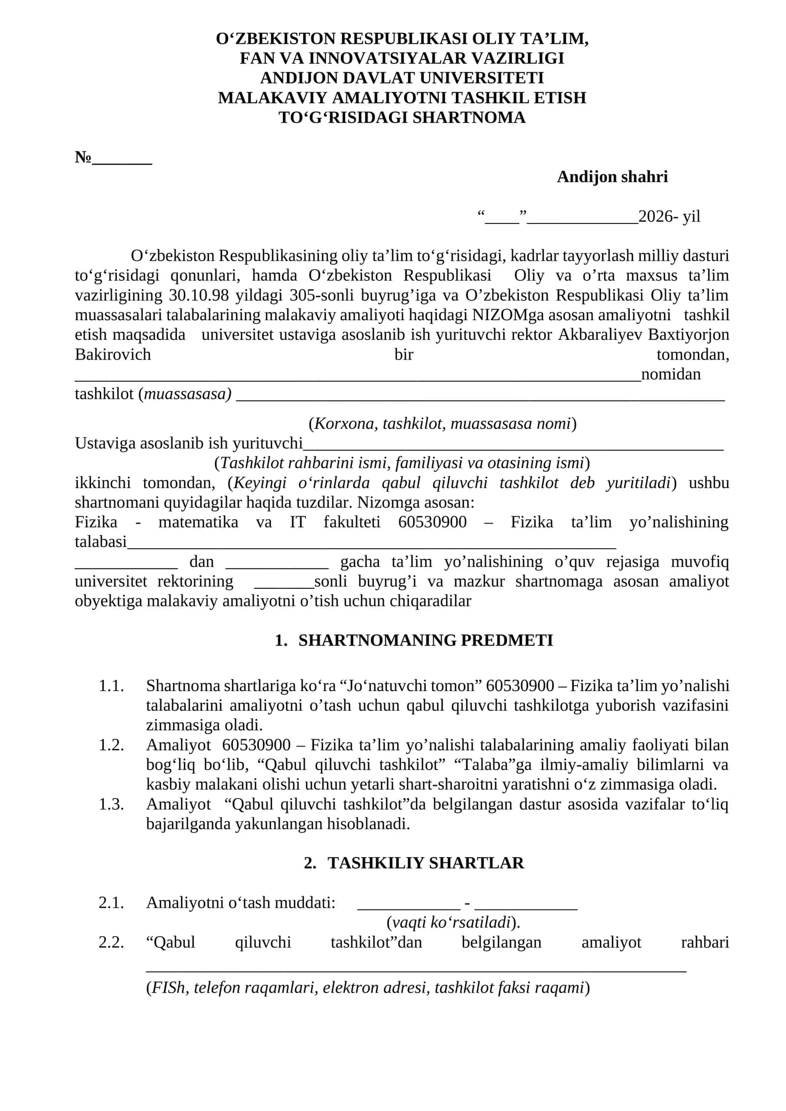 MALAKAVIY AMALIYOTNI TASHKIL ETISH TO‘G‘RISIDAGI SHARTNOMA